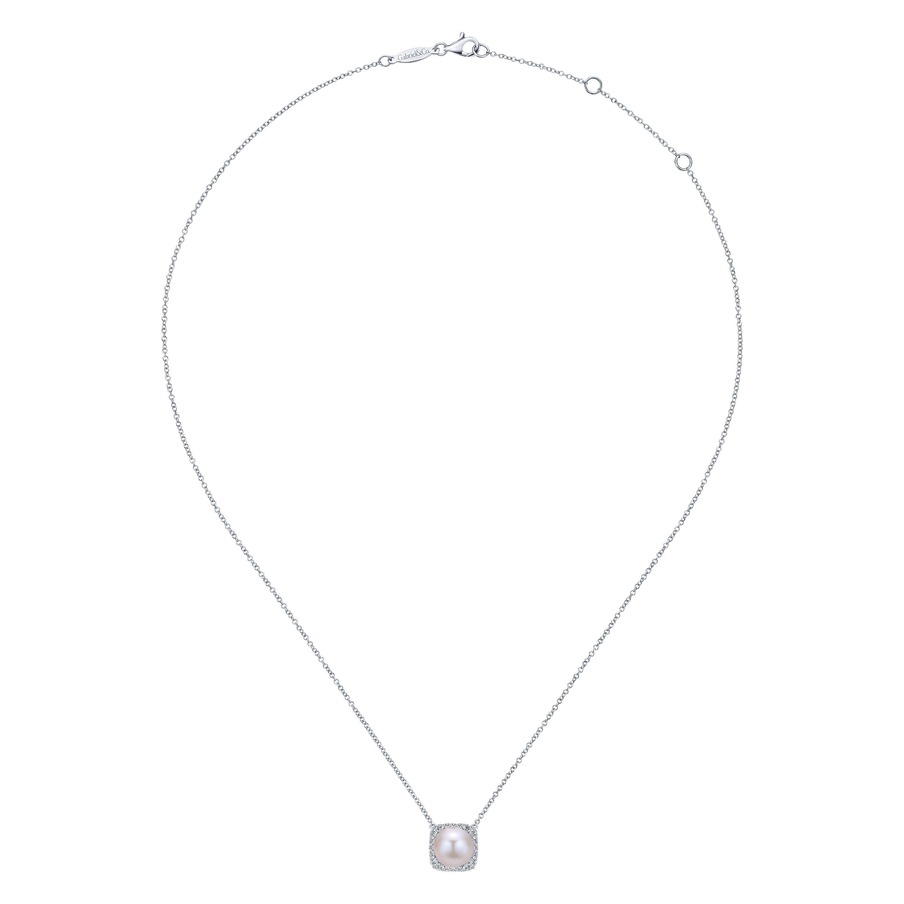 14K White Gold Round Cultured Pearl and Diamond Cushion Halo Pendant Necklace