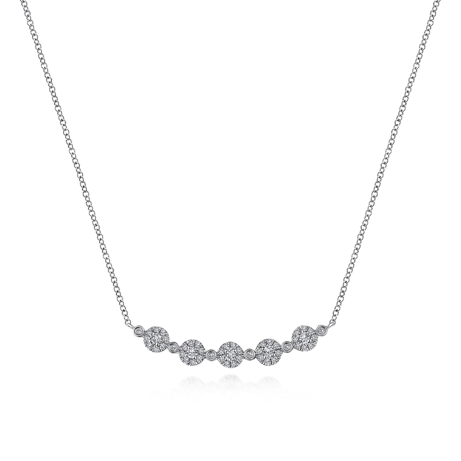 14K White Gold Round Diamond Cluster Station Curved Bar Necklace