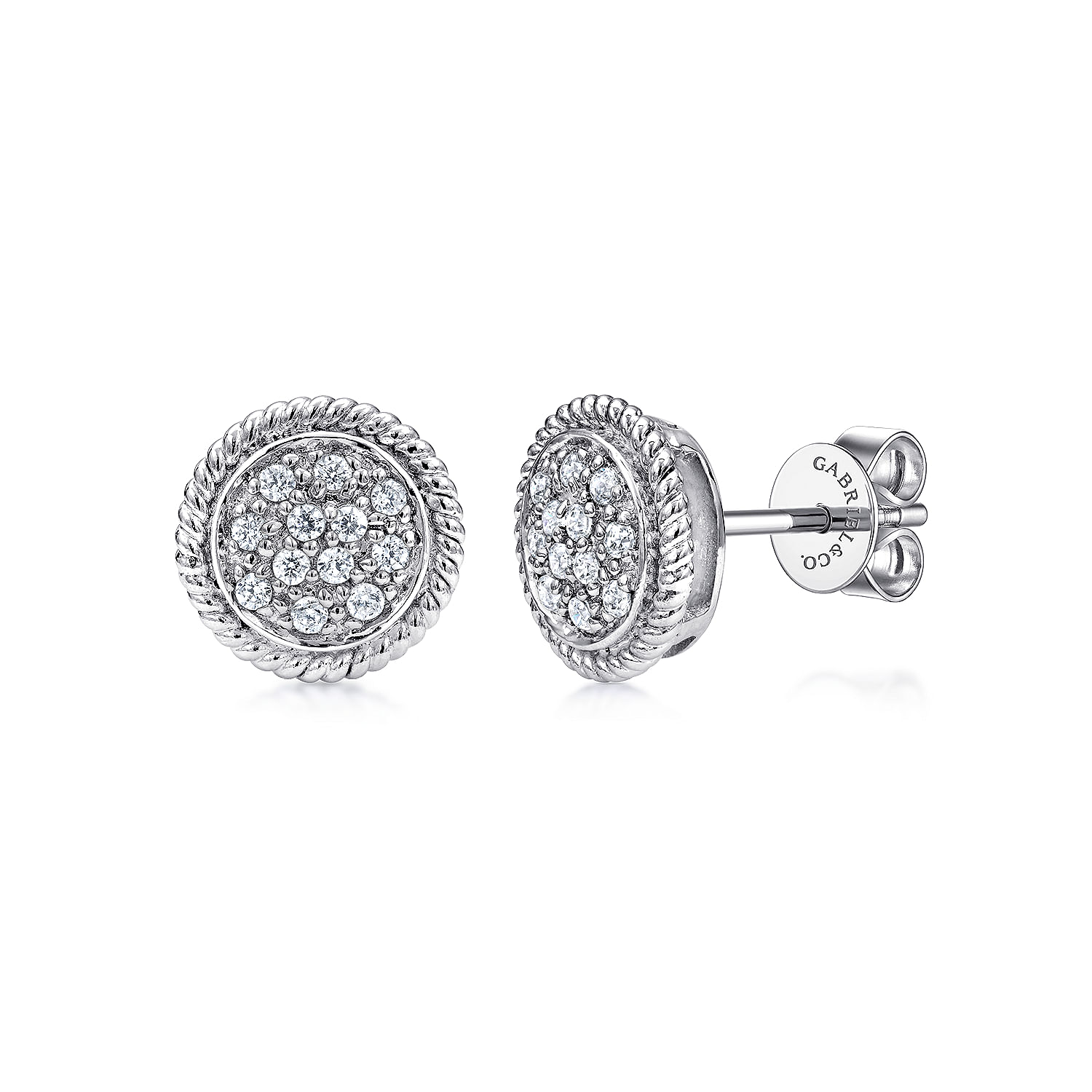 14K White Gold Round Diamond Cluster Stud Earrings with Twisted Rope Frame