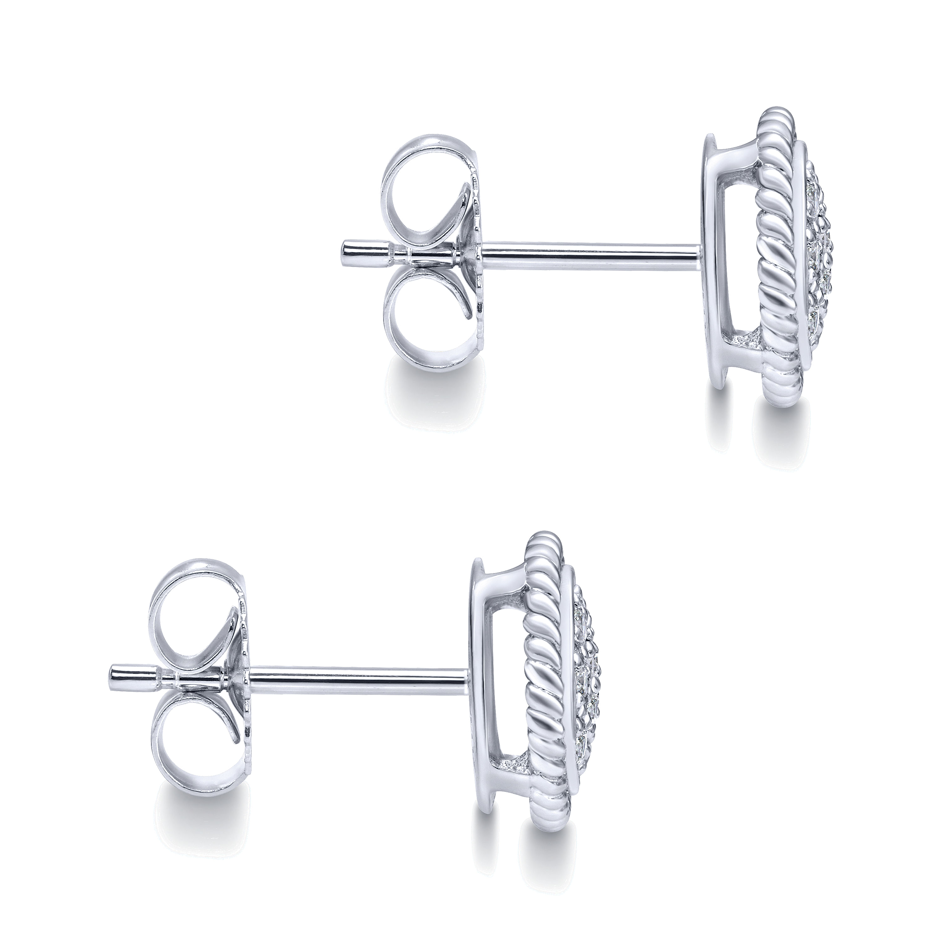 14K White Gold Round Diamond Cluster Stud Earrings with Twisted Rope Frame