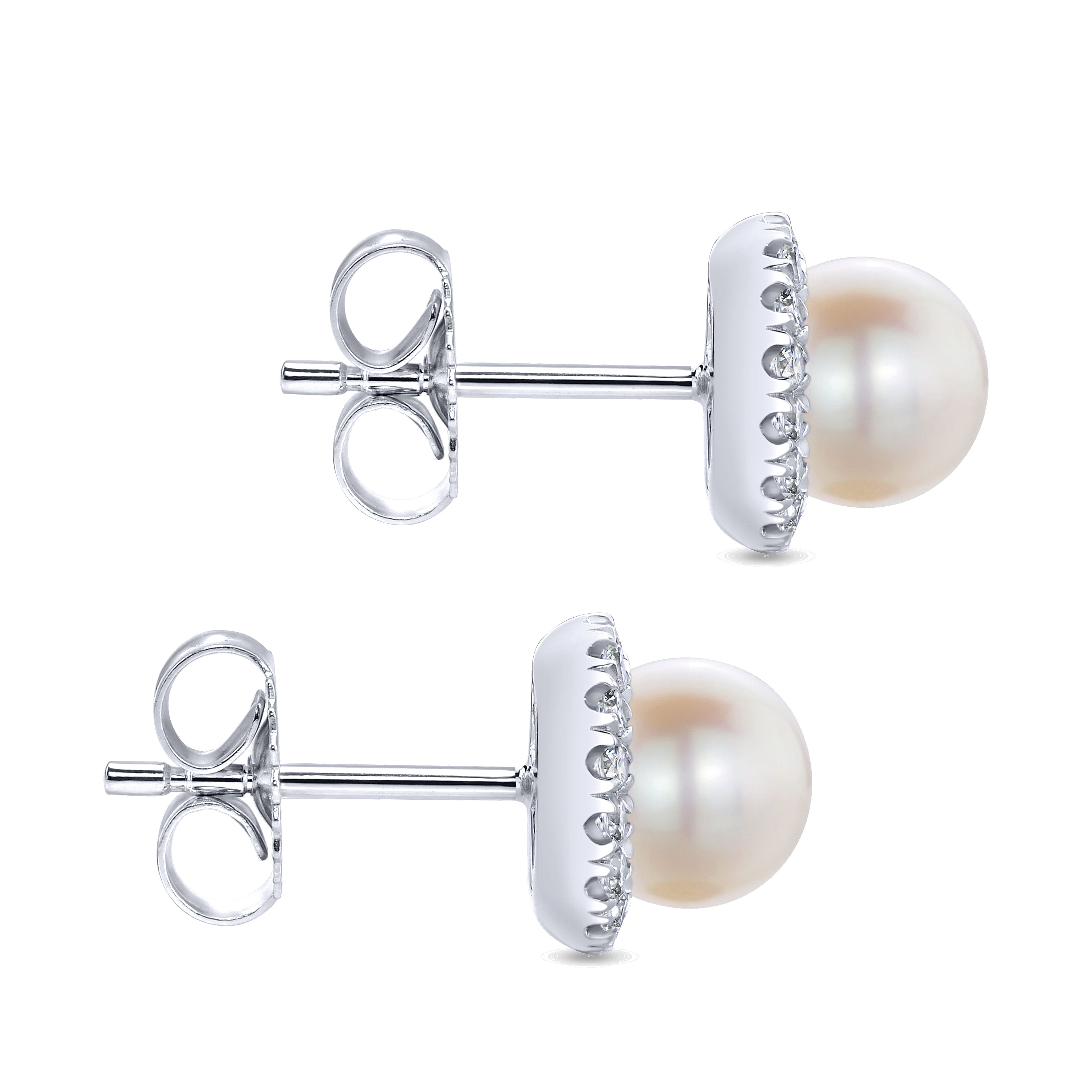14K White Gold Round Diamond Halo Pearl Stud Earrings