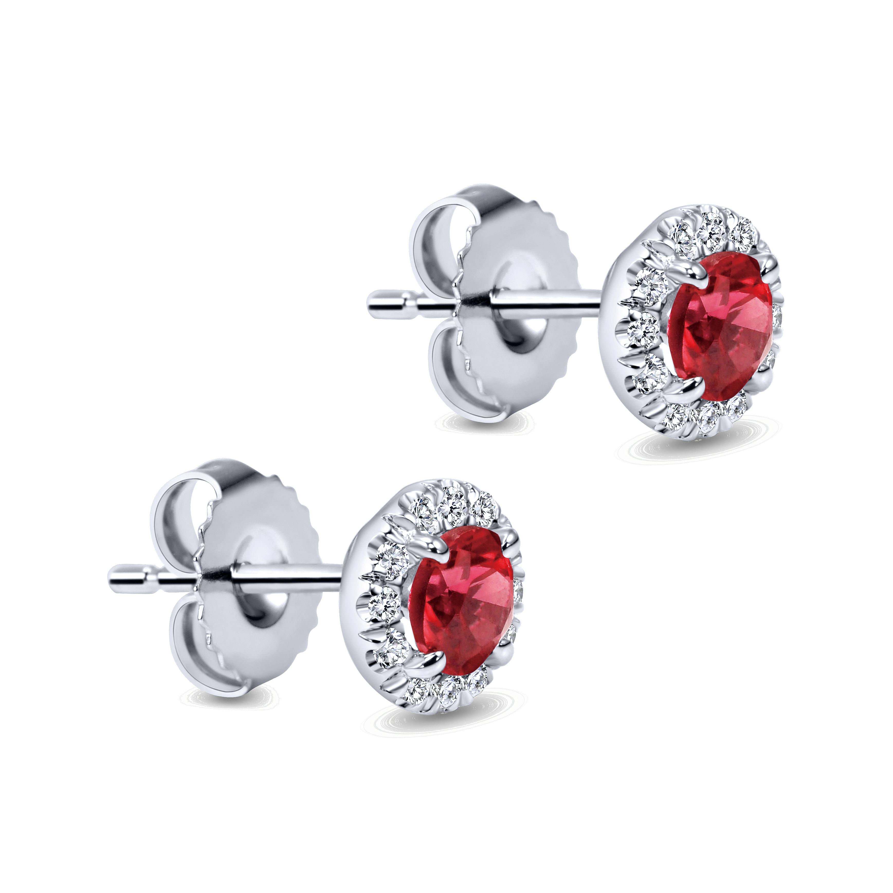 14K White Gold Round Diamond Halo Ruby Stud Earrings