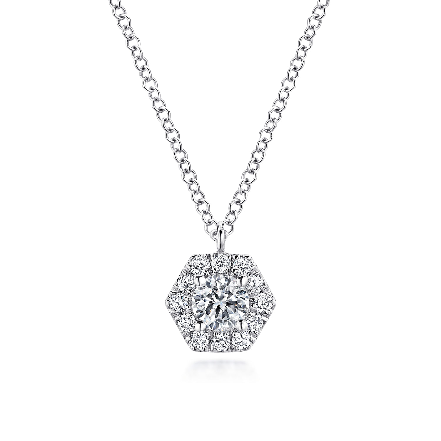 14K White Gold Round Diamond Hexagonal Halo Pendant Necklace