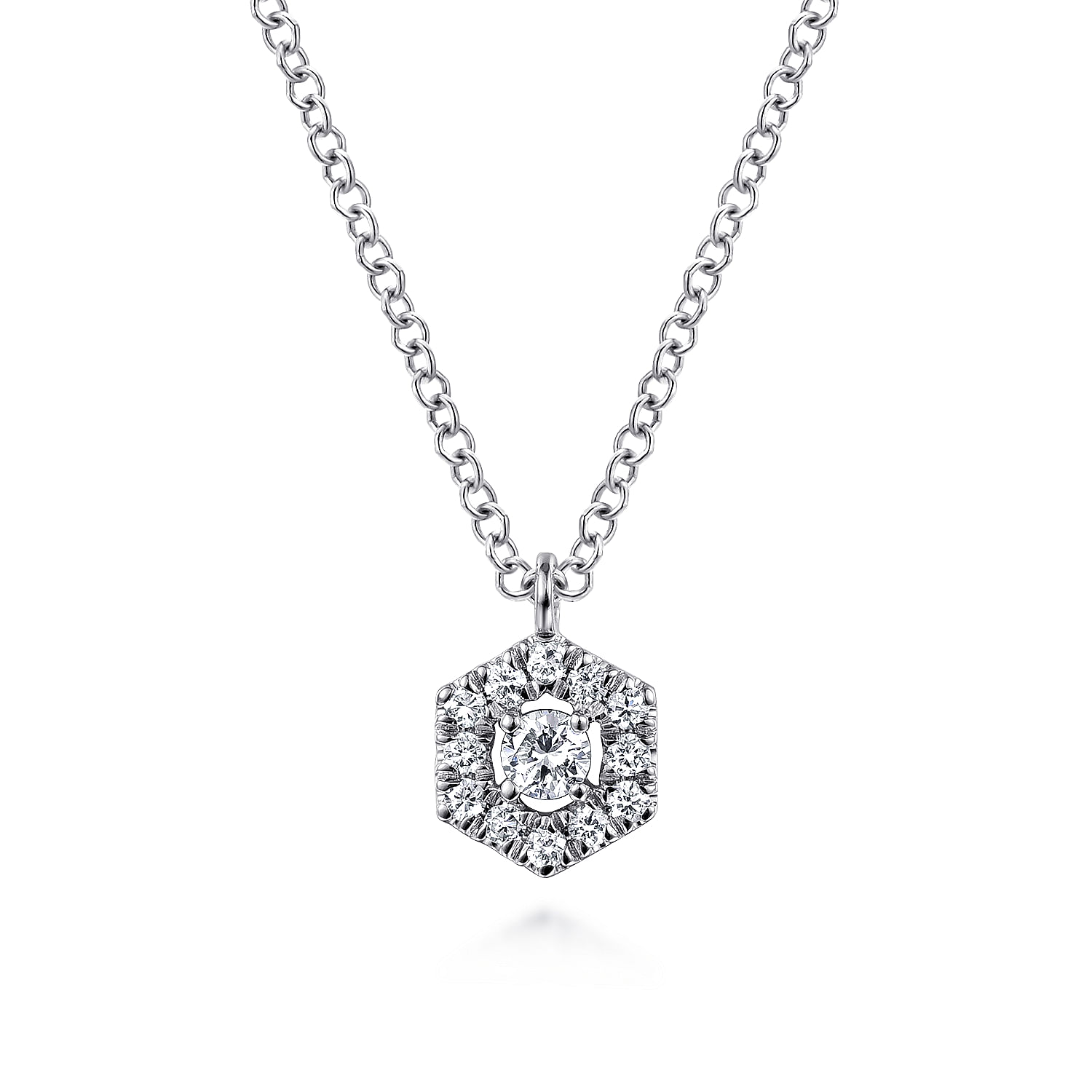 14K White Gold Round Diamond Hexagonal Halo Pendant Necklace