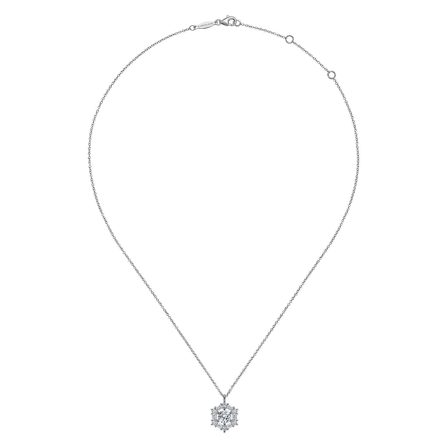 14K White Gold Round Diamond Pendant Necklace with Baguette and Round Hexagonal Halo
