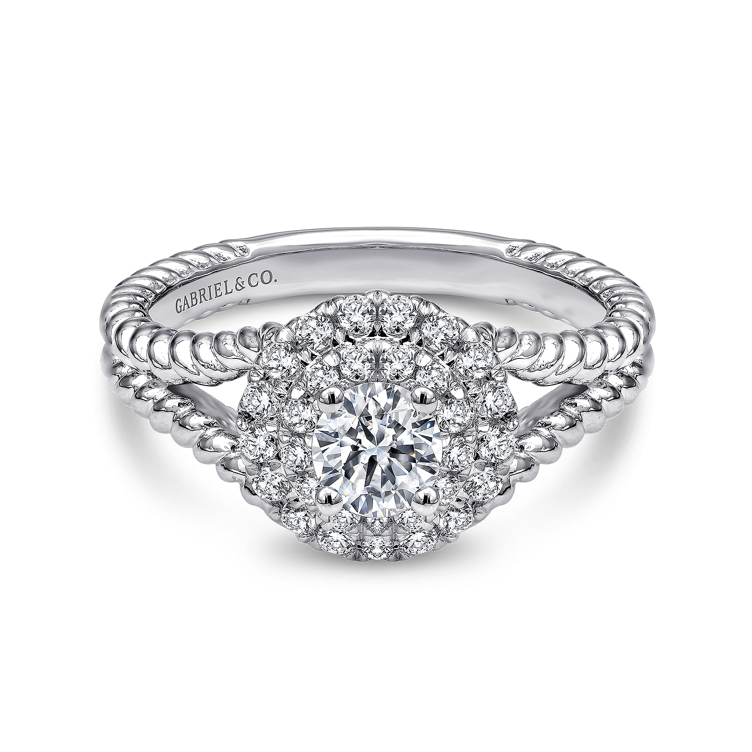 14K White Gold Round Double Halo Complete Diamond Engagement Ring