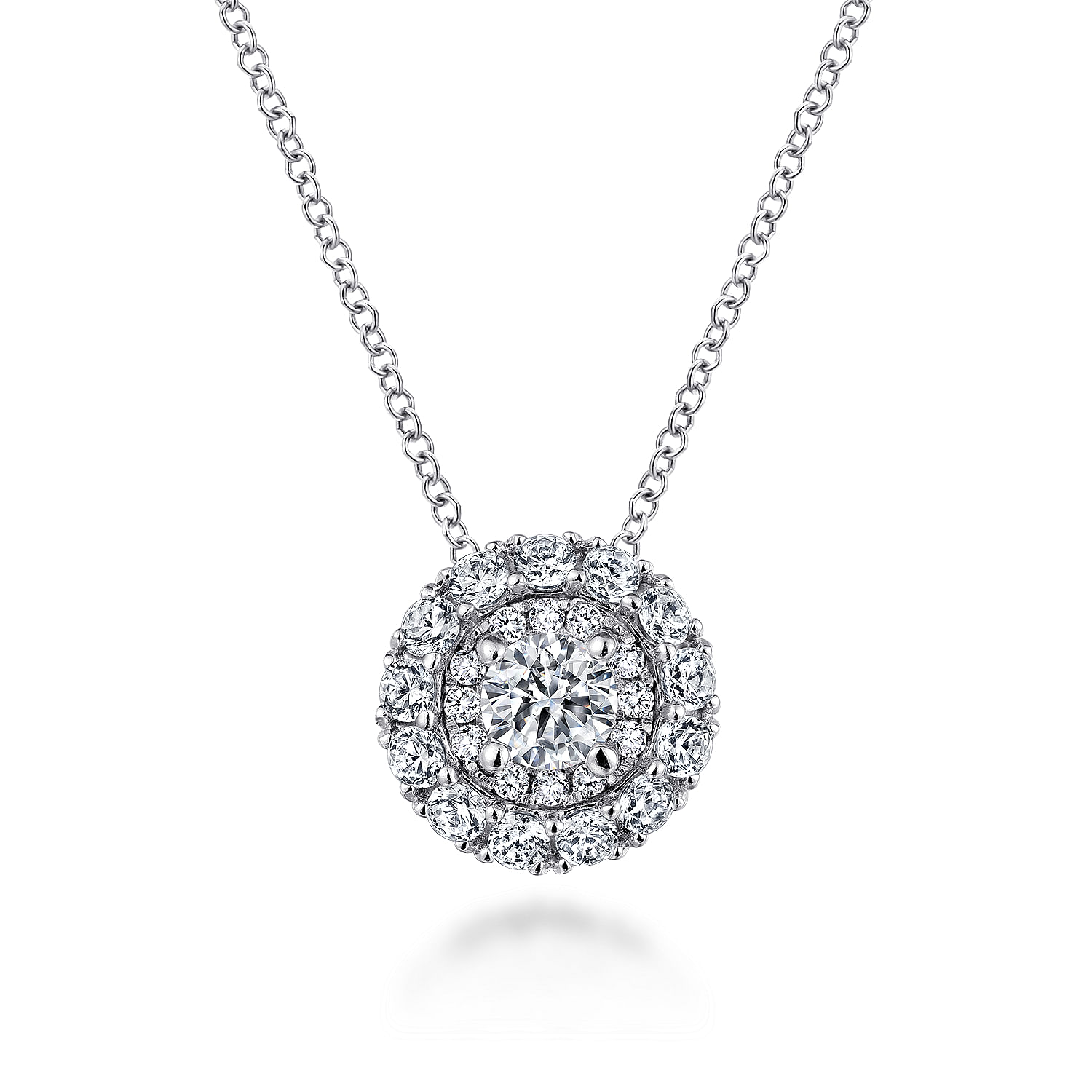 14K White Gold Round Double Halo Diamond Pendant Necklace