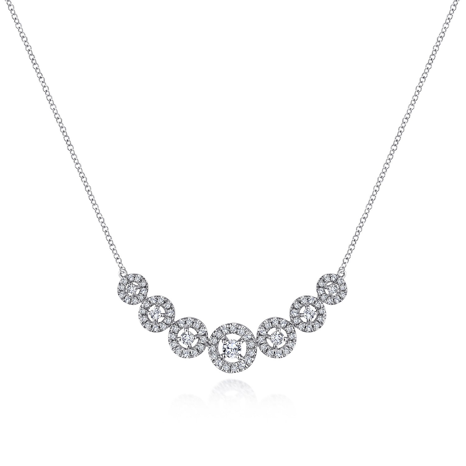 14K White Gold Round Floating Diamond Curved Bar Necklace