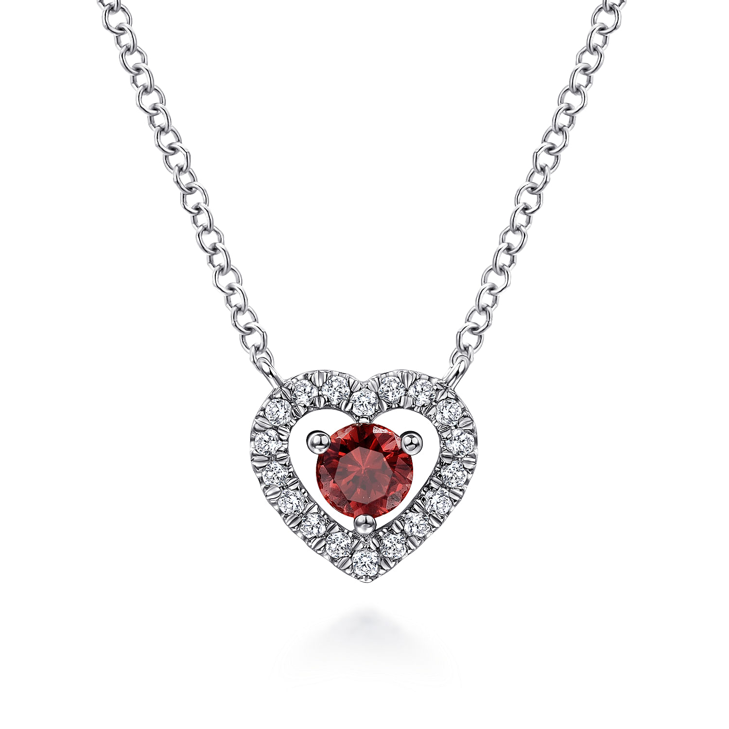 14K White Gold Round Garnet and Diamond Heart Pendant Necklace