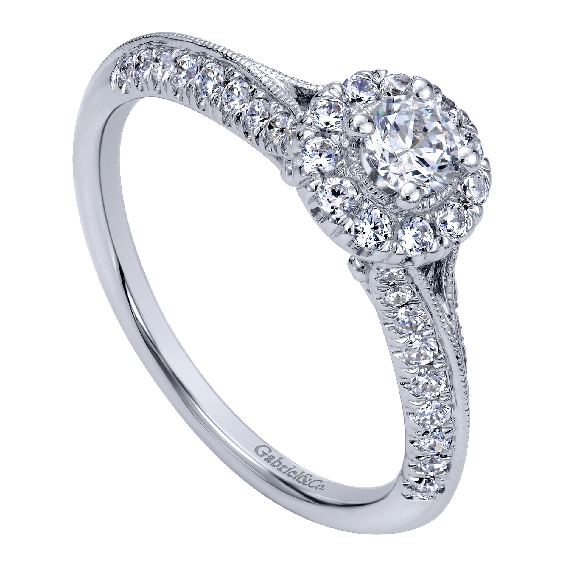 14K White Gold Round Halo Complete Diamond Engagement Ring
