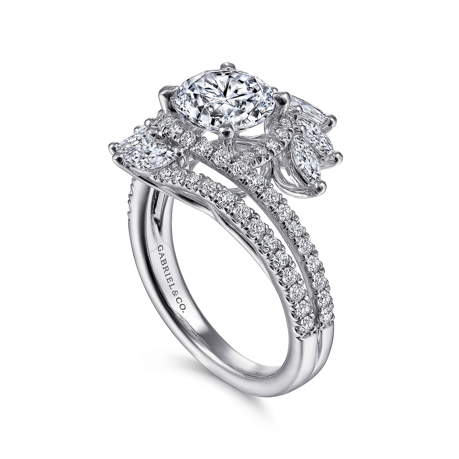 14K White Gold Round Halo Diamond Bypass Engagement Ring