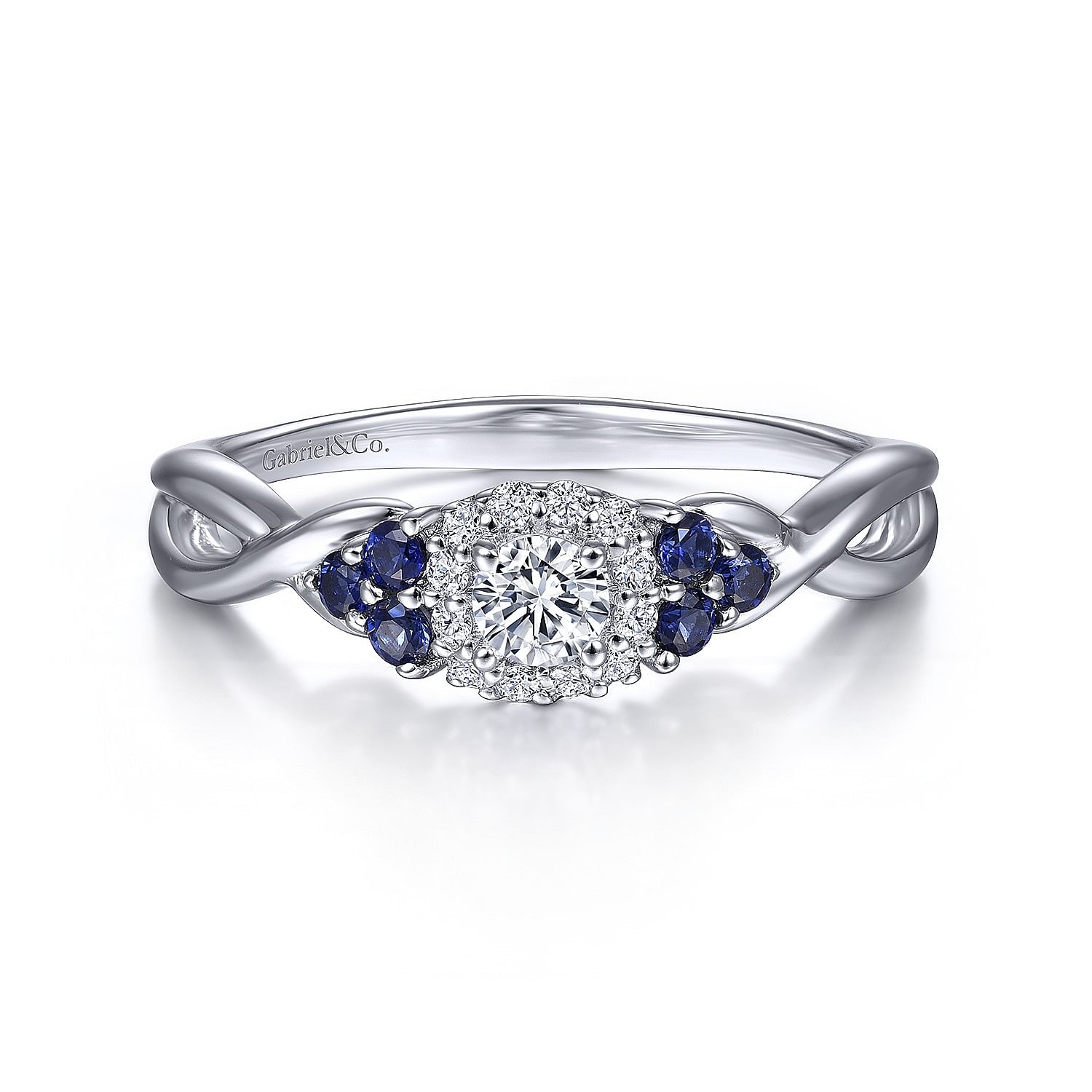 14K White Gold Round Halo Sapphire and Diamond Complete Engagement Ring