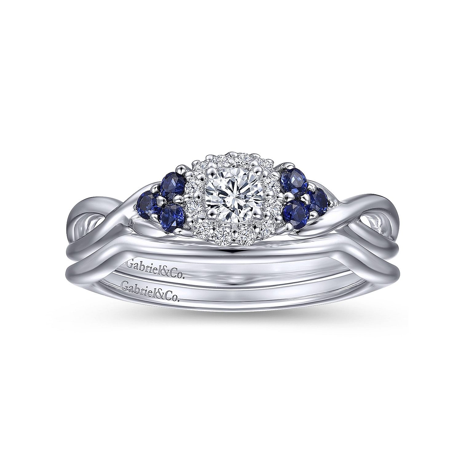 14K White Gold Round Halo Sapphire and Diamond Complete Engagement Ring