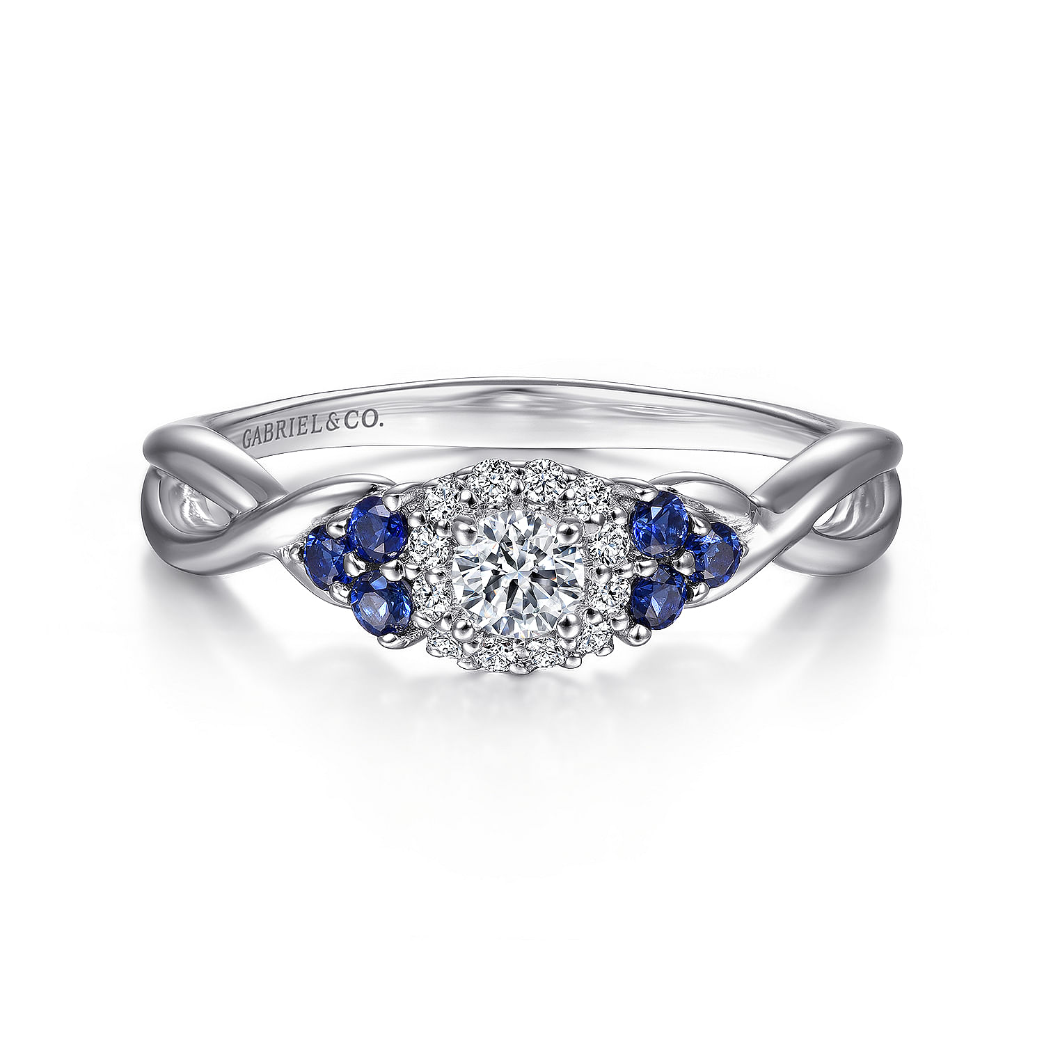 14K White Gold Round Halo Sapphire and Diamond Engagement Ring