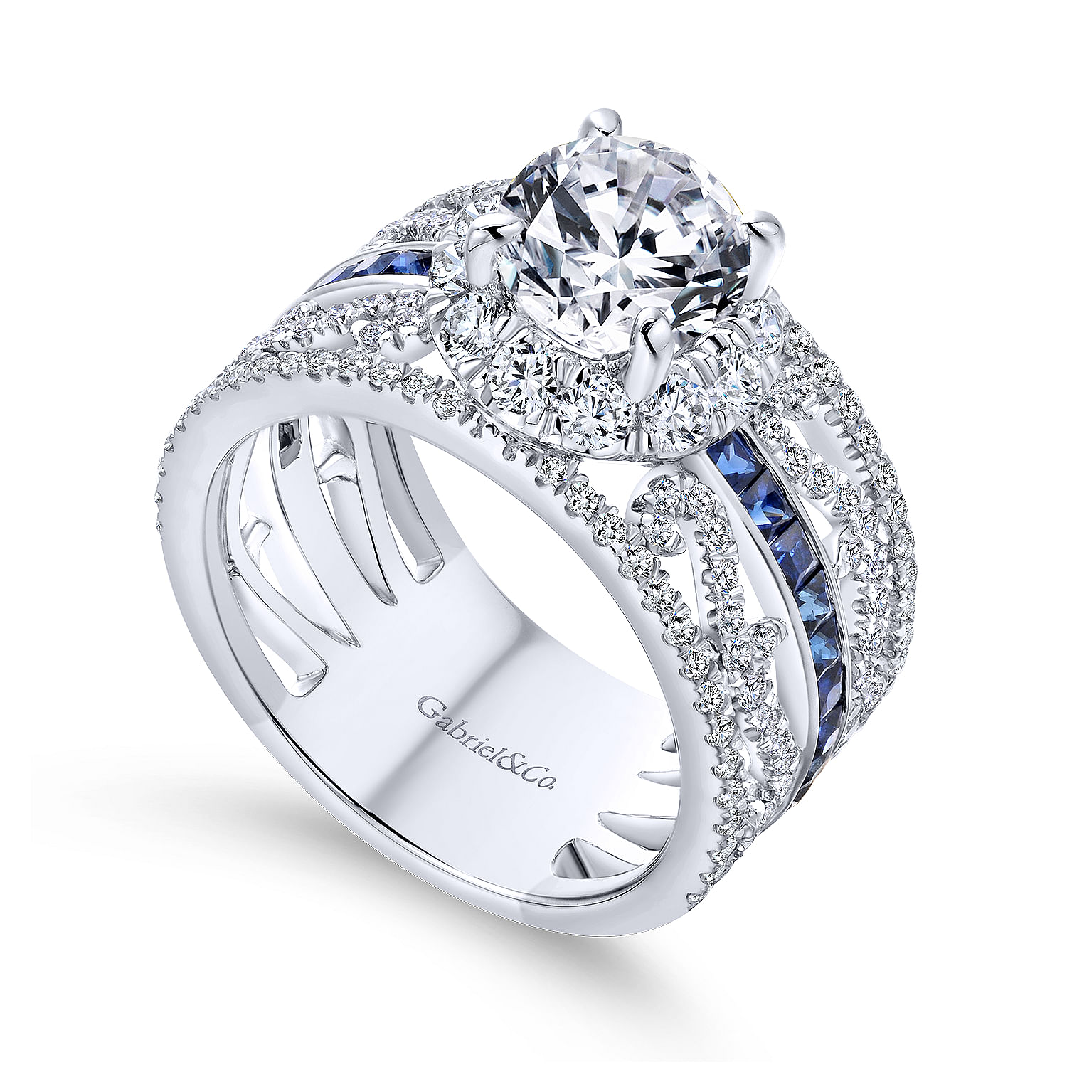 14K White Gold Round Halo Sapphire and Diamond Engagement Ring