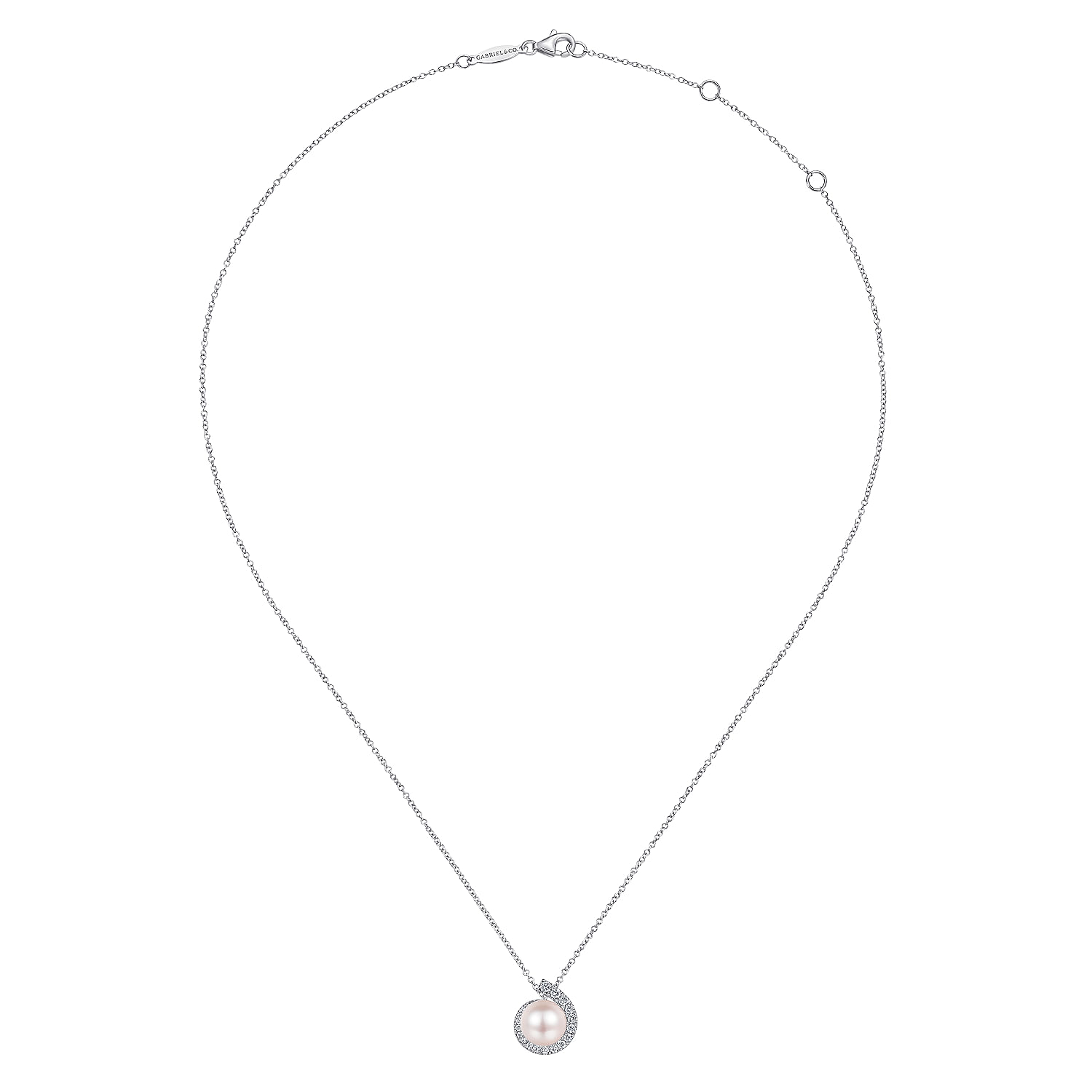14K White Gold Round Pearl Pendant Necklace with Diamond Halo Swirl
