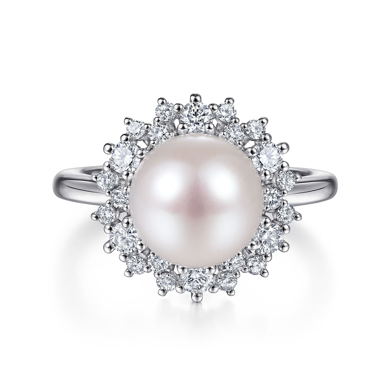 14K White Gold Round Pearl and Diamond Halo Ring