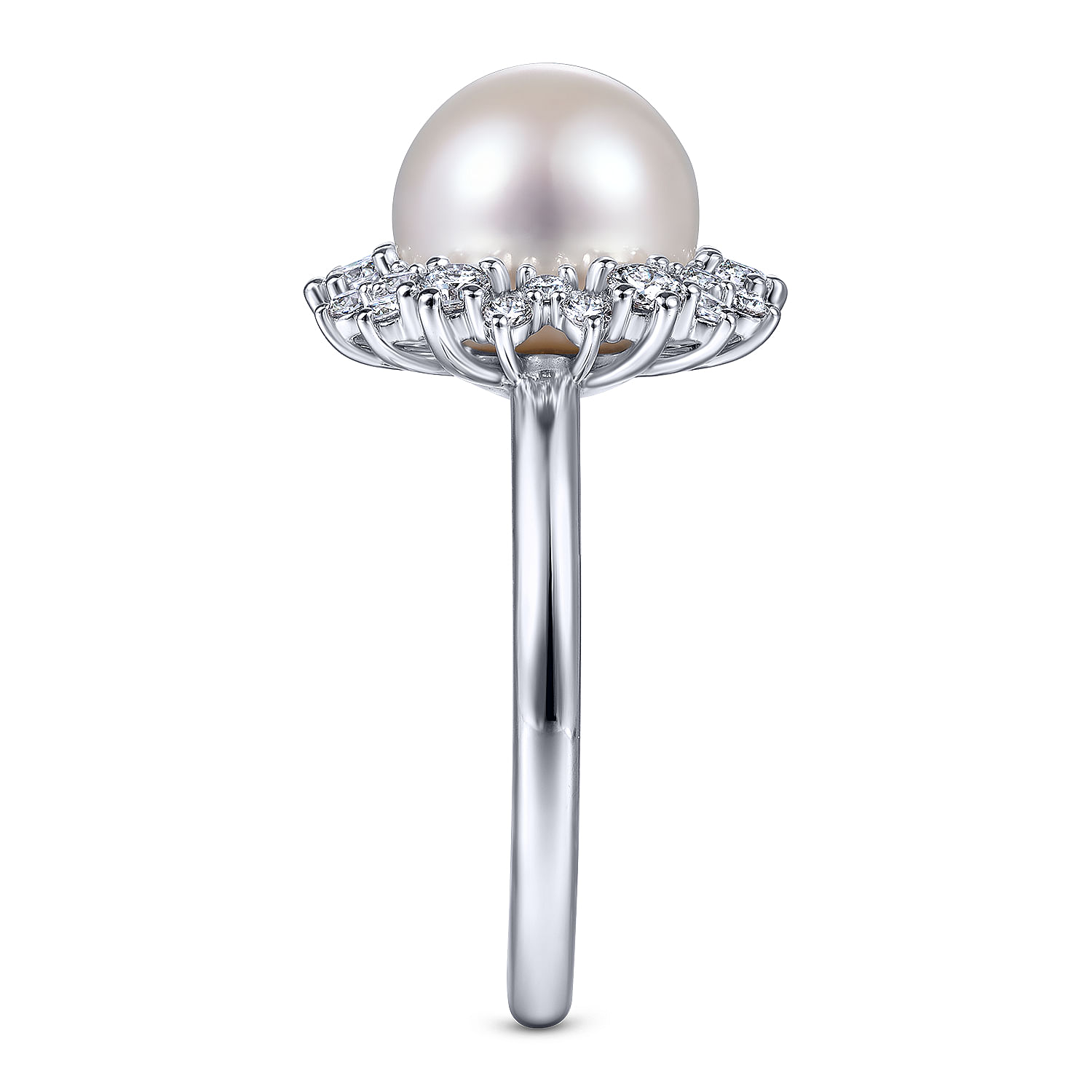 14K White Gold Round Pearl and Diamond Halo Ring