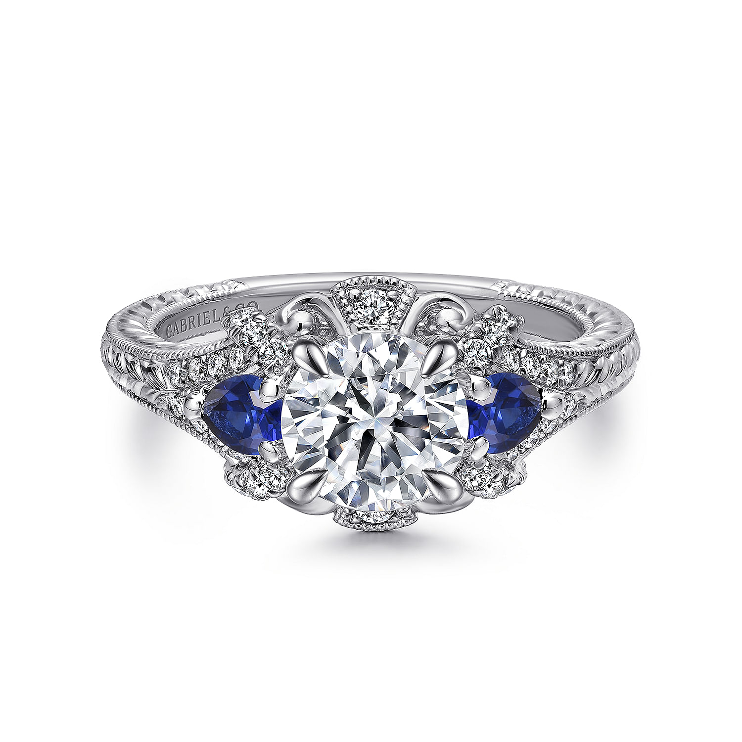 14K White Gold Round Sapphire and Diamond Engagement Ring