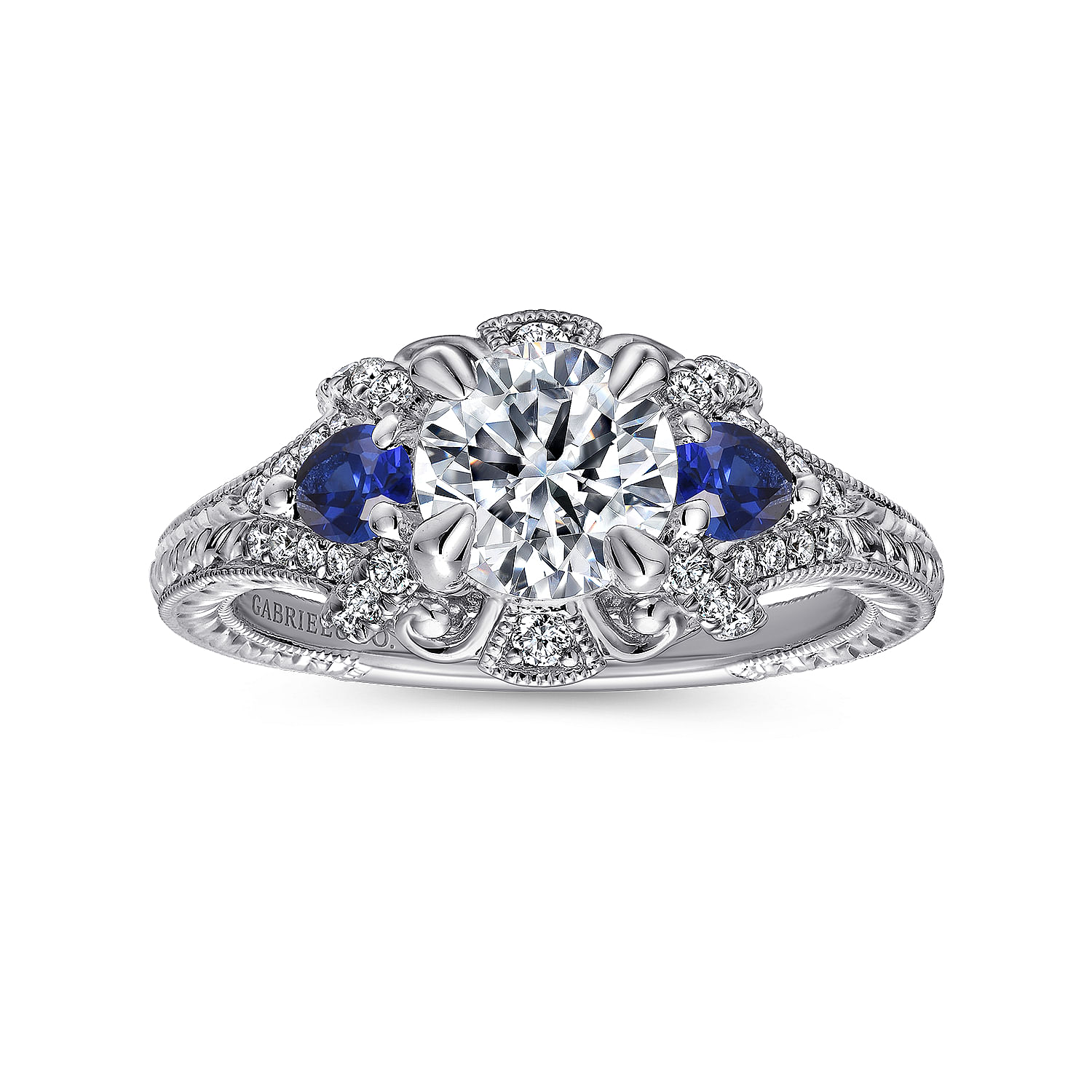 14K White Gold Round Sapphire and Diamond Engagement Ring