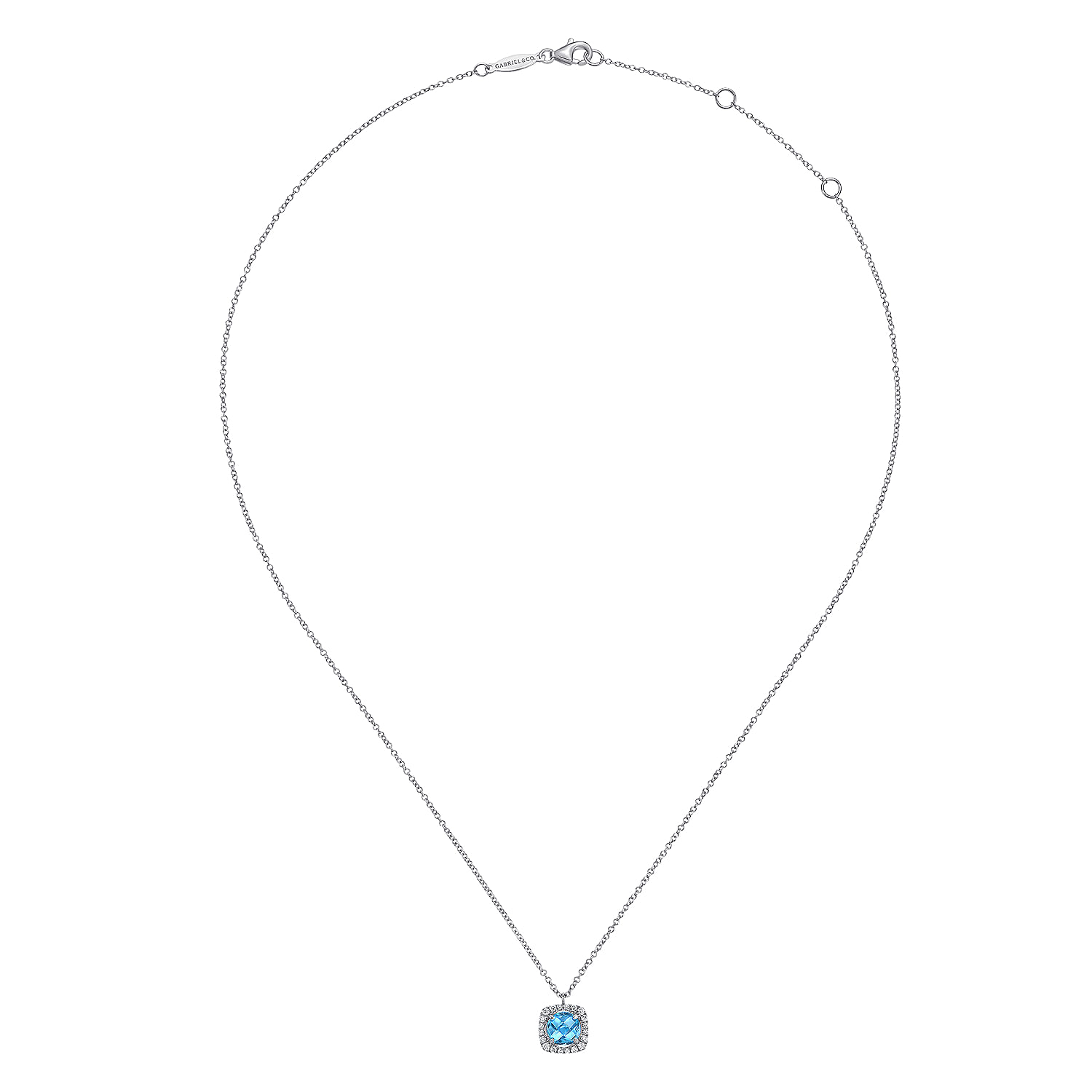 14K White Gold Round Swiss Blue Topaz Diamond Halo Pendant Necklace