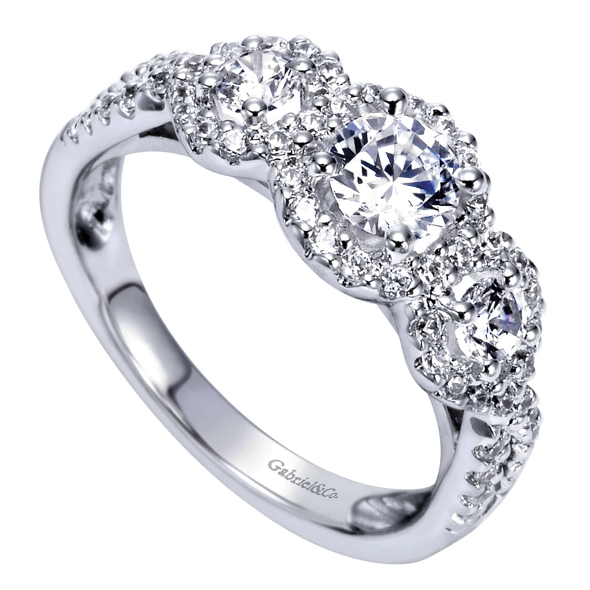14K White Gold Round Three Stone Halo Complete Diamond Engagement Ring