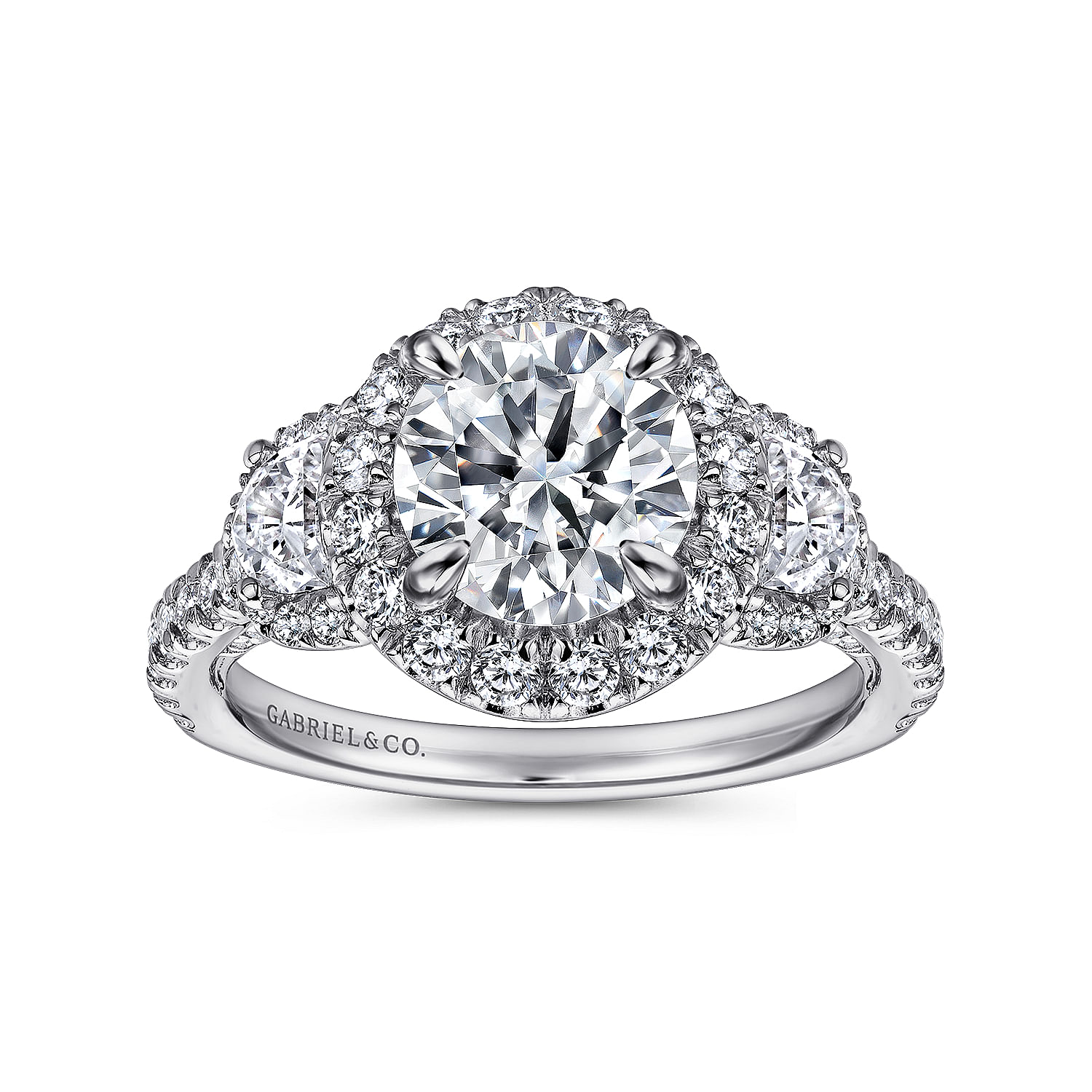 14K White Gold Round Three Stone Halo Diamond Channel Set Engagement Ring