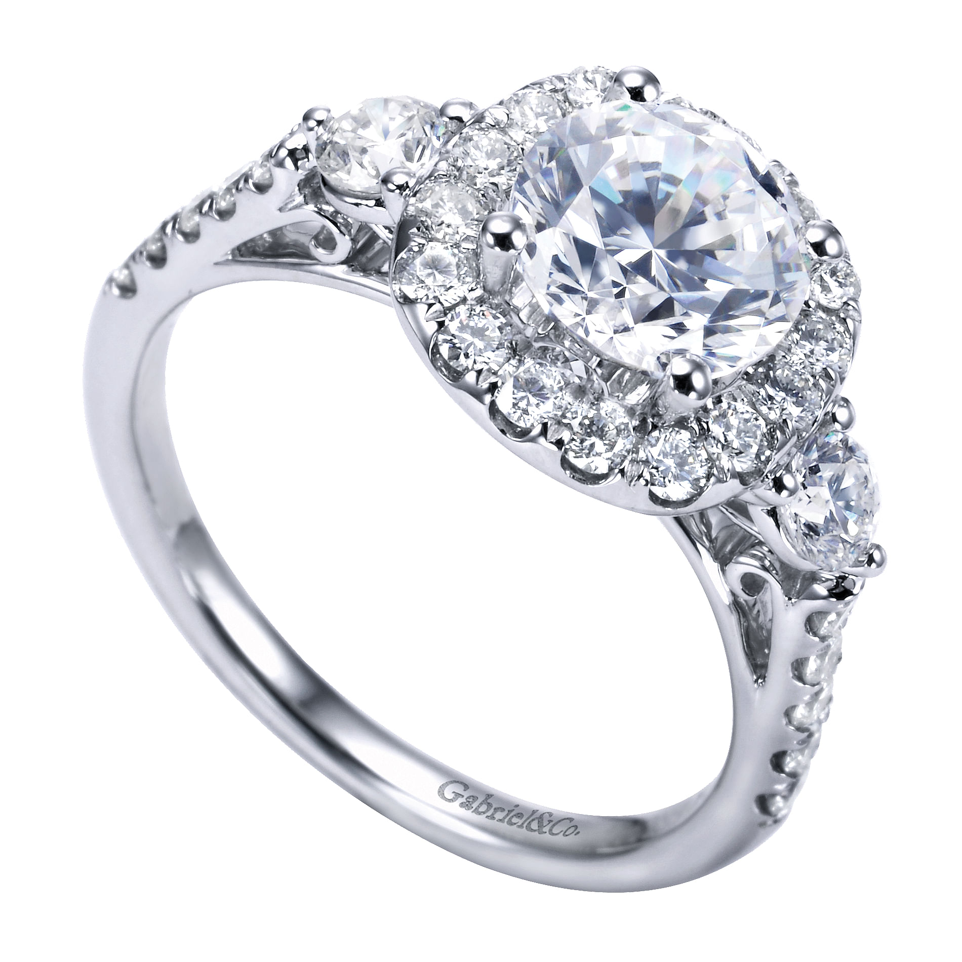 14K White Gold Round Three Stone Halo Diamond Engagement Ring