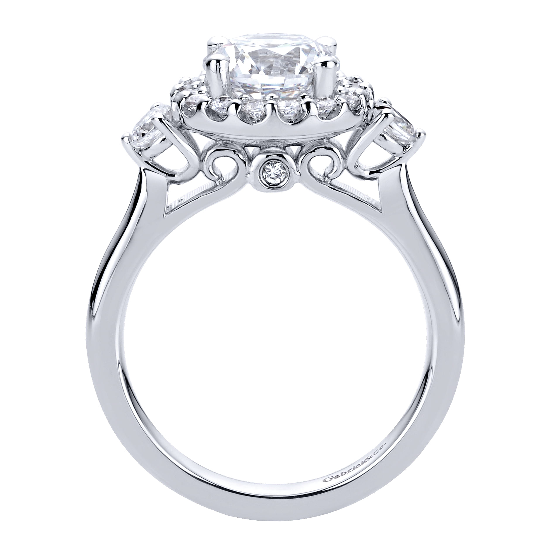 14K White Gold Round Three Stone Halo Diamond Engagement Ring