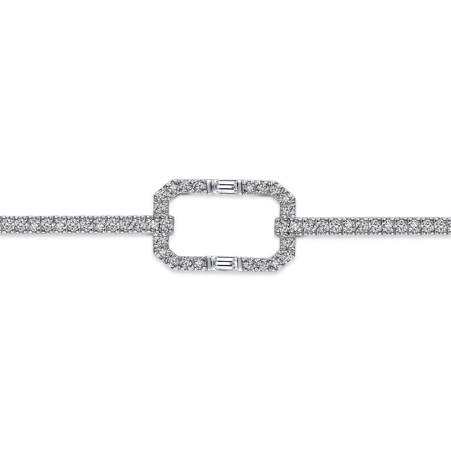 14K White Gold Round and Baguette Diamond Bracelet with Rectangular Stations