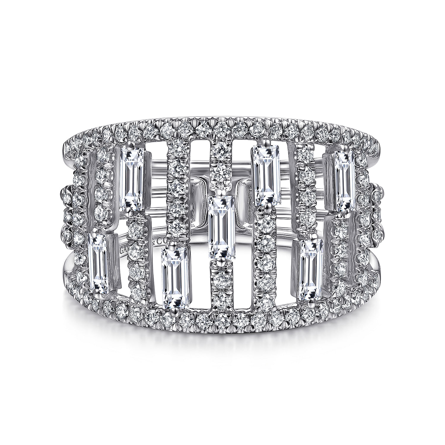 14K White Gold Round and Baguette Diamond Cage Ring