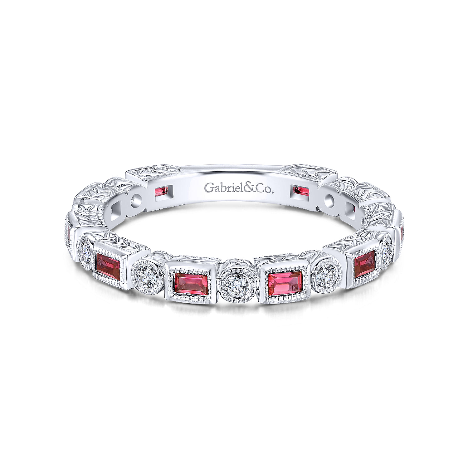 14K White Gold Ruby Baguette and Diamond Round Eternity Ring