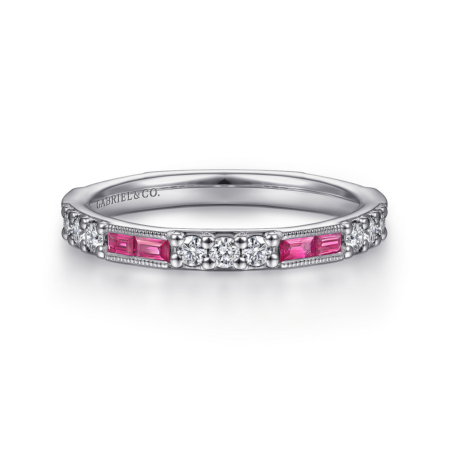 14K White Gold Ruby Baguette and Diamond Stackable