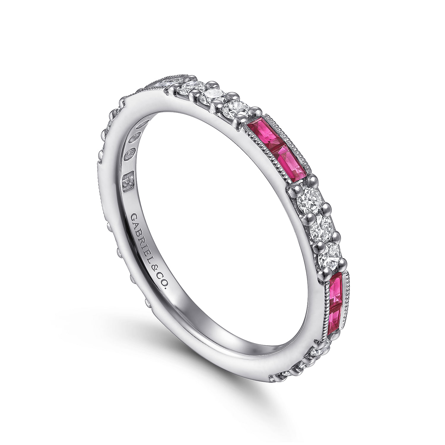14K White Gold Ruby Baguette and Diamond Stackable