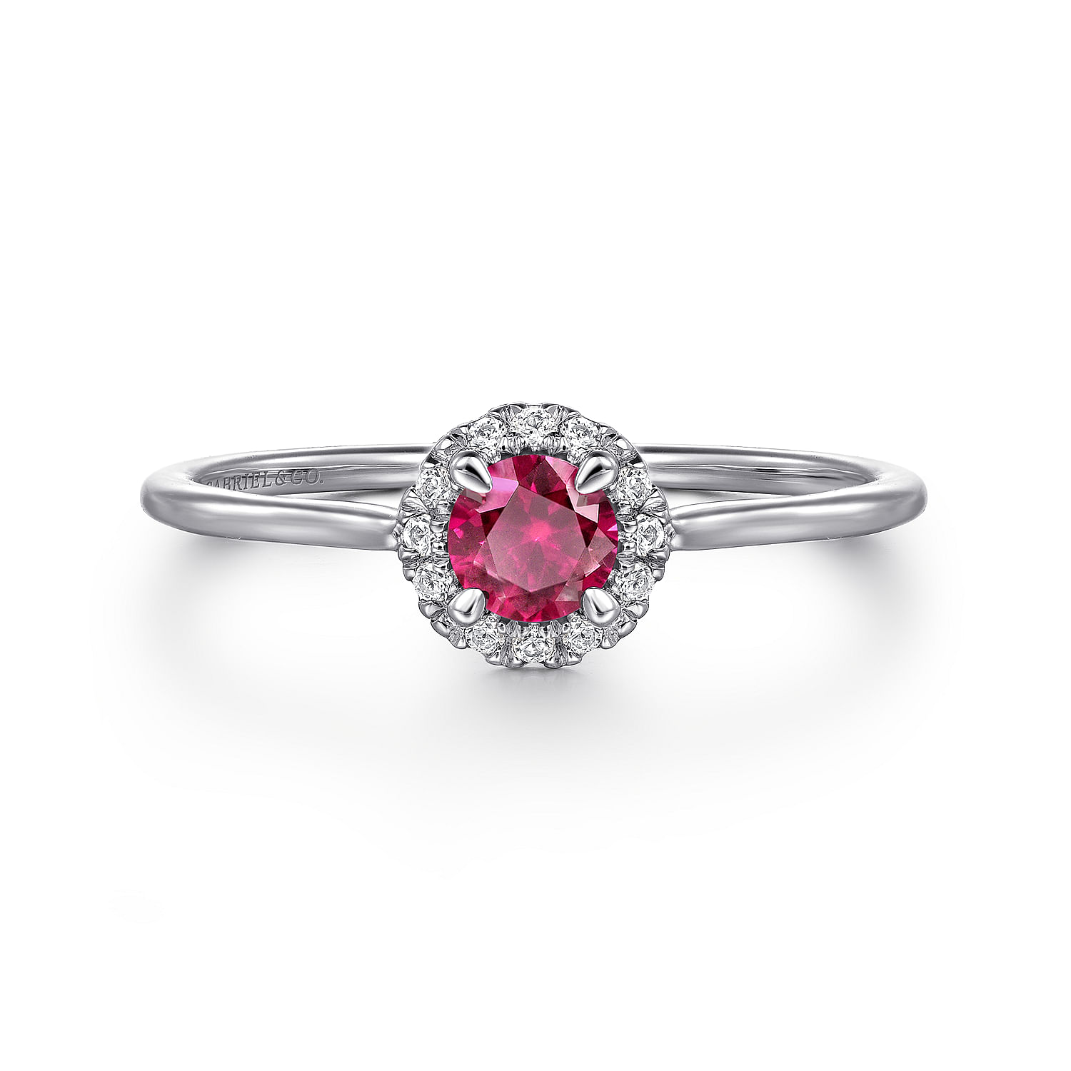 14K White Gold Ruby and Diamond Halo Promise Ring