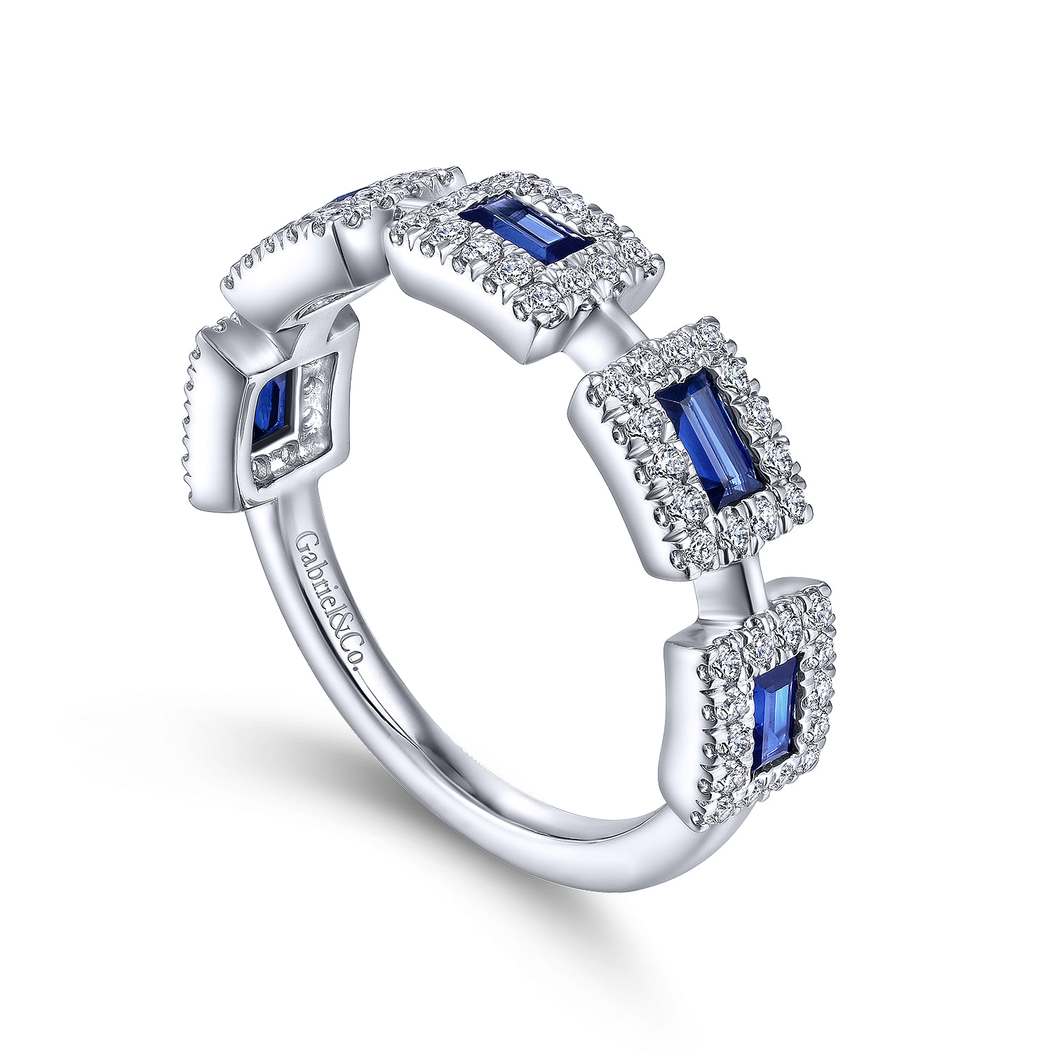 14K White Gold Sapphire Baguette with Diamond Halo Station Ring