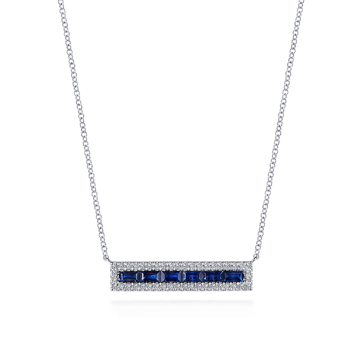 14K White Gold Sapphire Baguettes and Diamond Halo Rectangular Bar Necklace