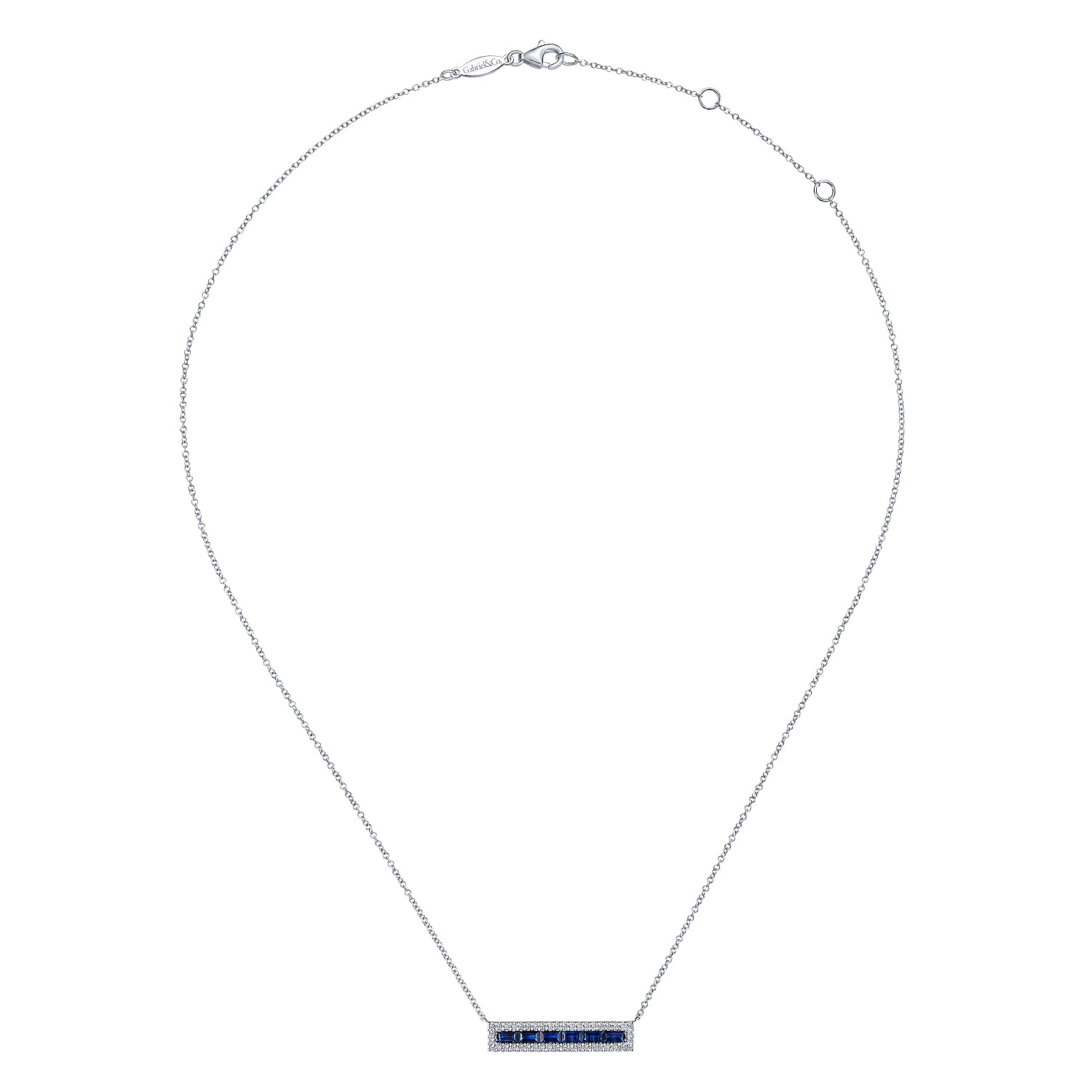 14K White Gold Sapphire Baguettes and Diamond Halo Rectangular Bar Necklace