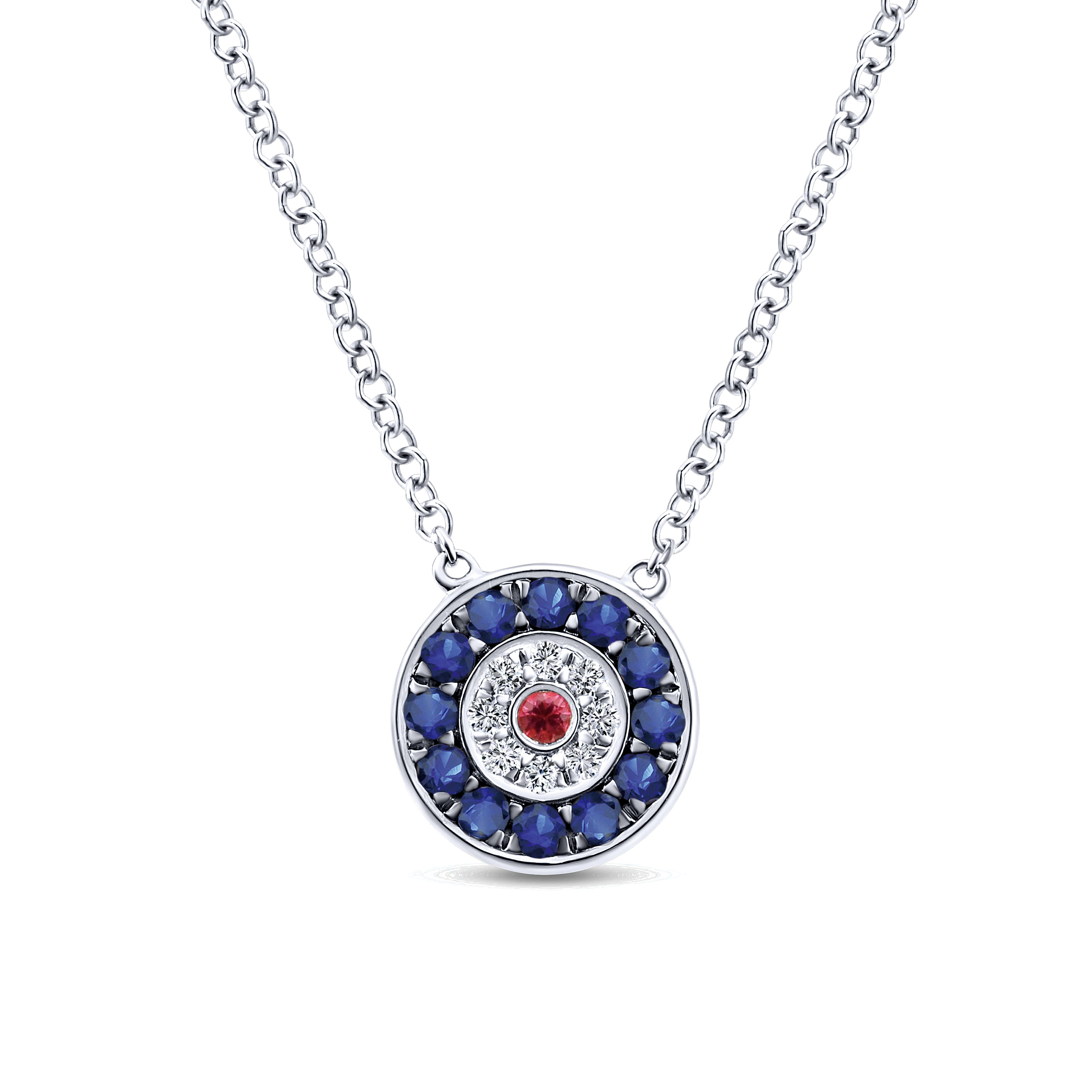 14K White Gold Sapphire, Ruby and Diamond Evil Eye Pendant Necklace