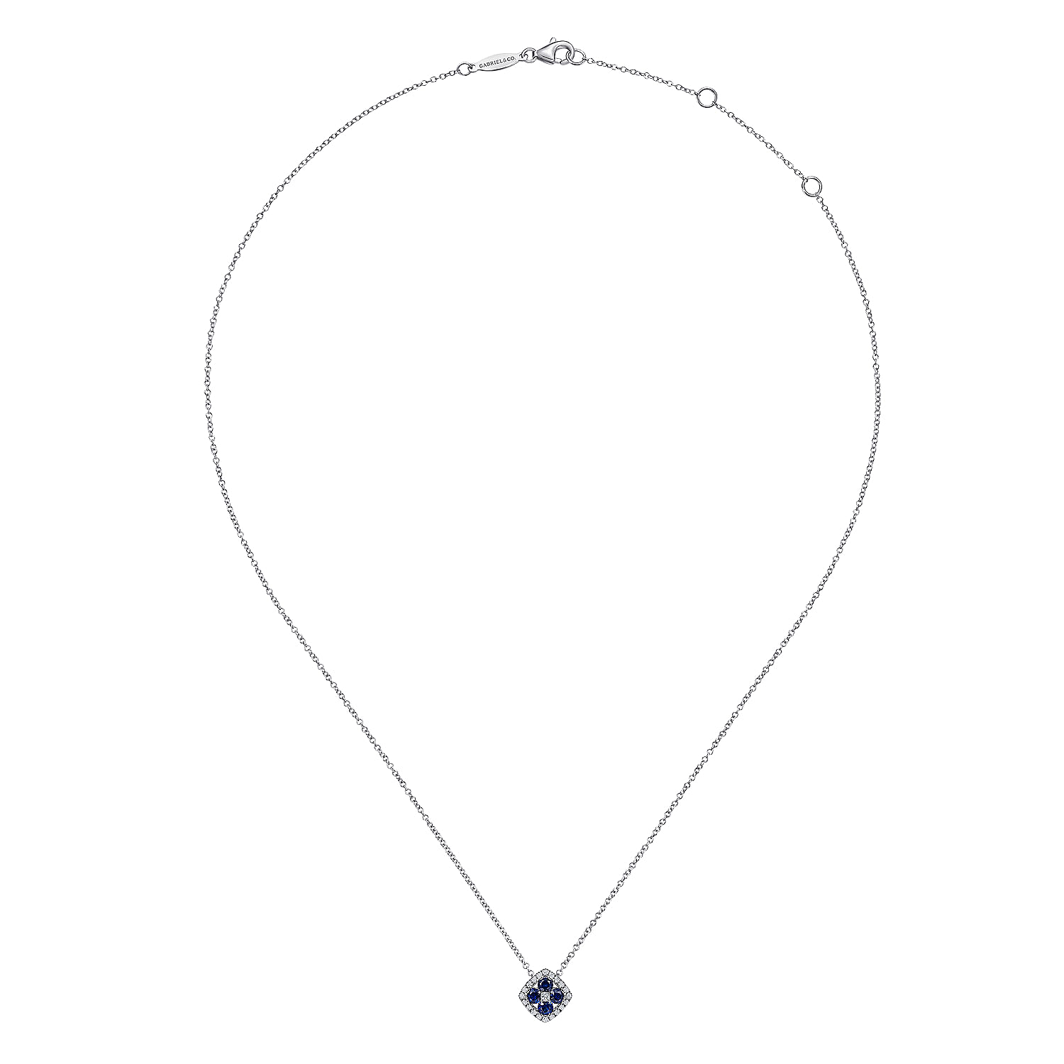 14K White Gold Sapphire and Diamond Halo Floral Pendant Necklace