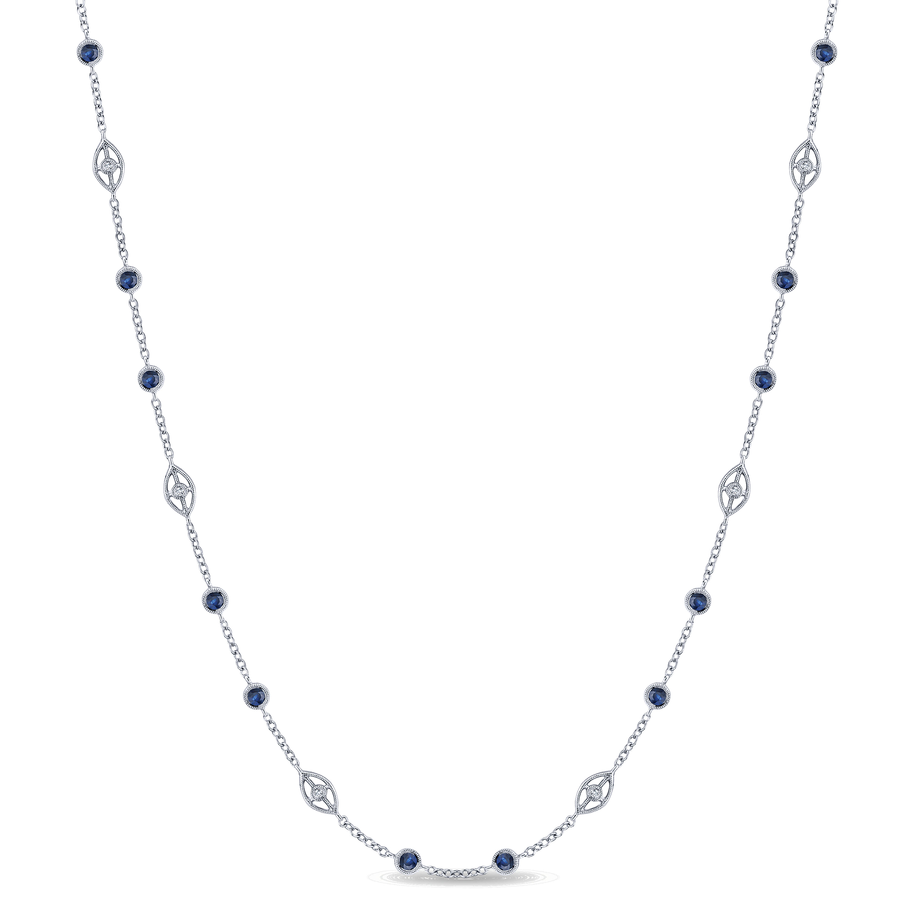 14K White Gold Sapphire and Diamond Station Necklace