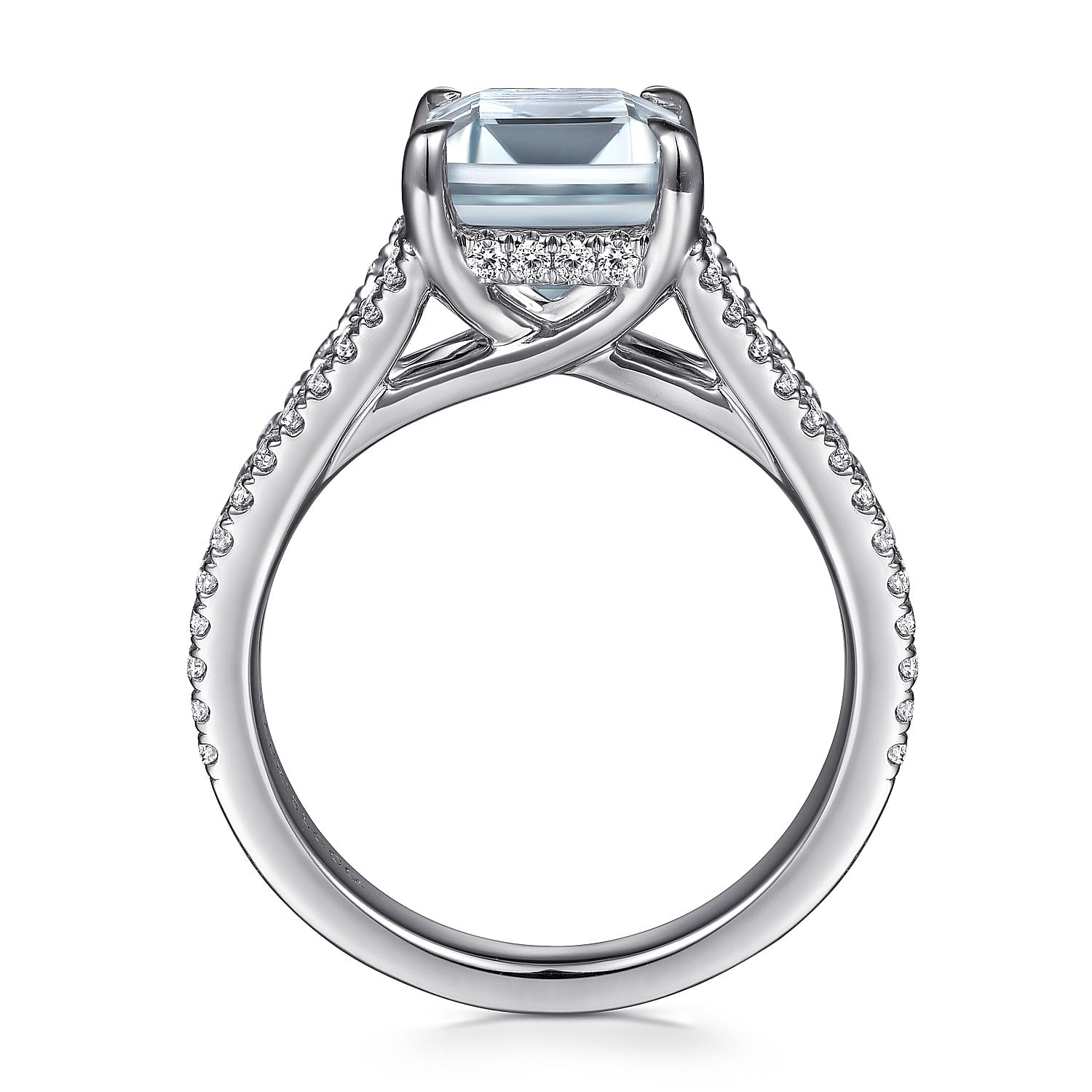 14K White Gold Split Shank Emerald Cut Aquamarine and Diamond Engagement Ring