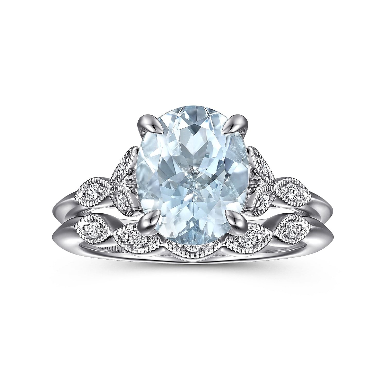 14K White Gold Split Shank Oval Aquamarine and Diamond Engagement Ring