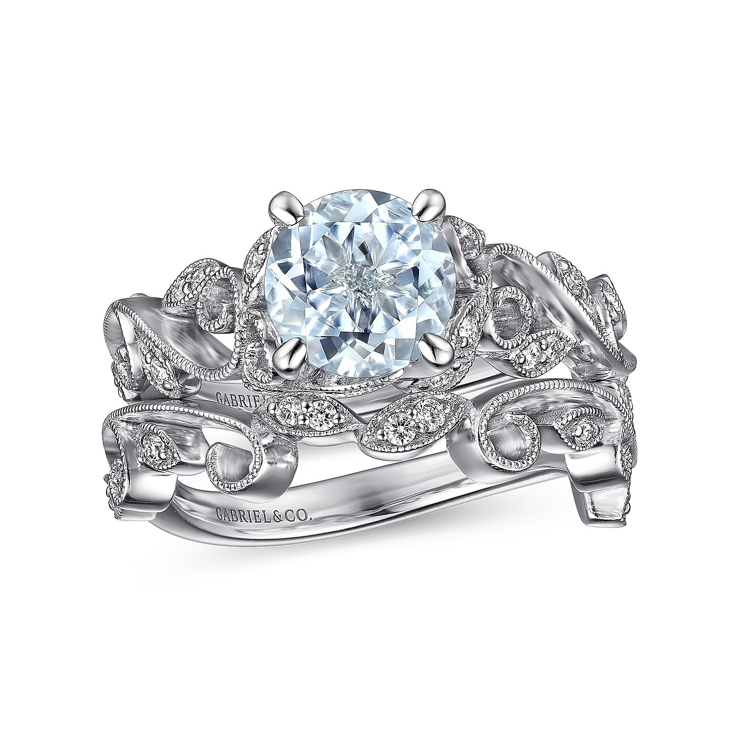 14K White Gold Split Shank Round Aquamarine and Diamond Engagement Ring