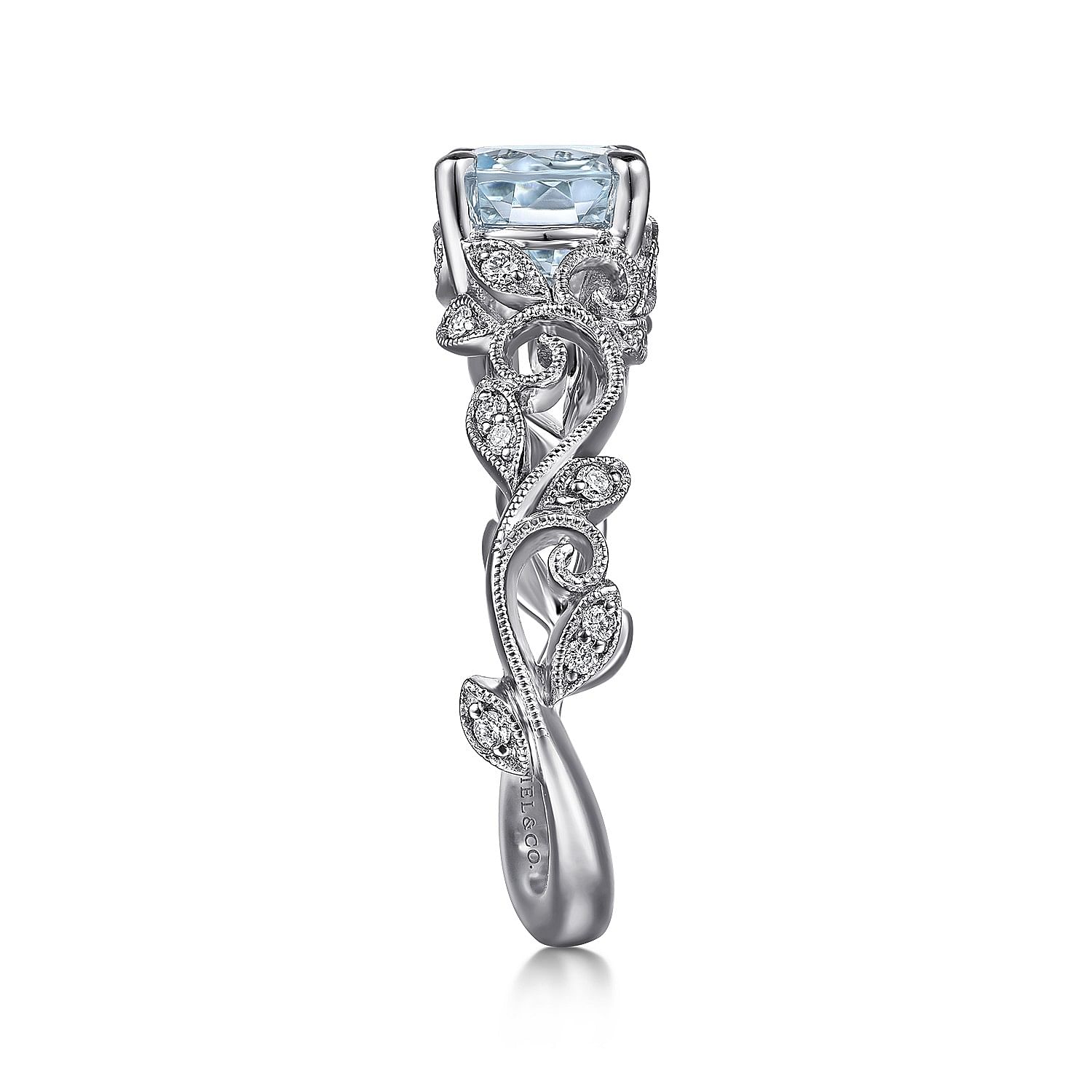 14K White Gold Split Shank Round Aquamarine and Diamond Engagement Ring