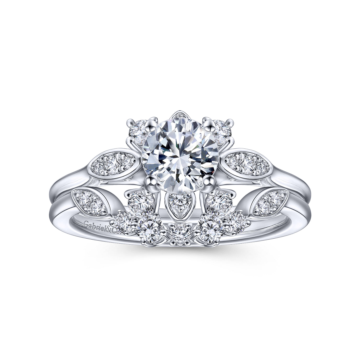 14K White Gold Starburst Halo Round Diamond Engagement Ring