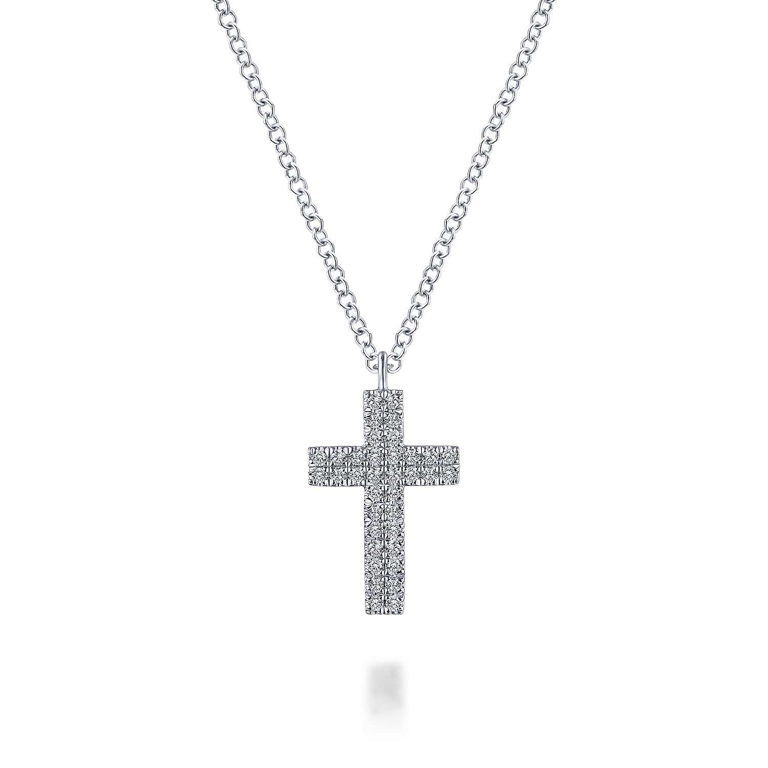 14K White Gold Straight Pavé Diamond Cross Necklace