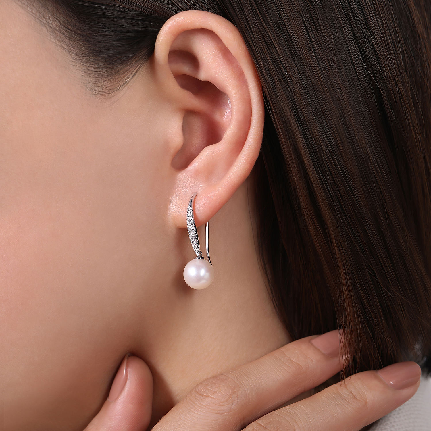 14K White Gold Tapered Diamond Cultured Pearl Drop Earrings
