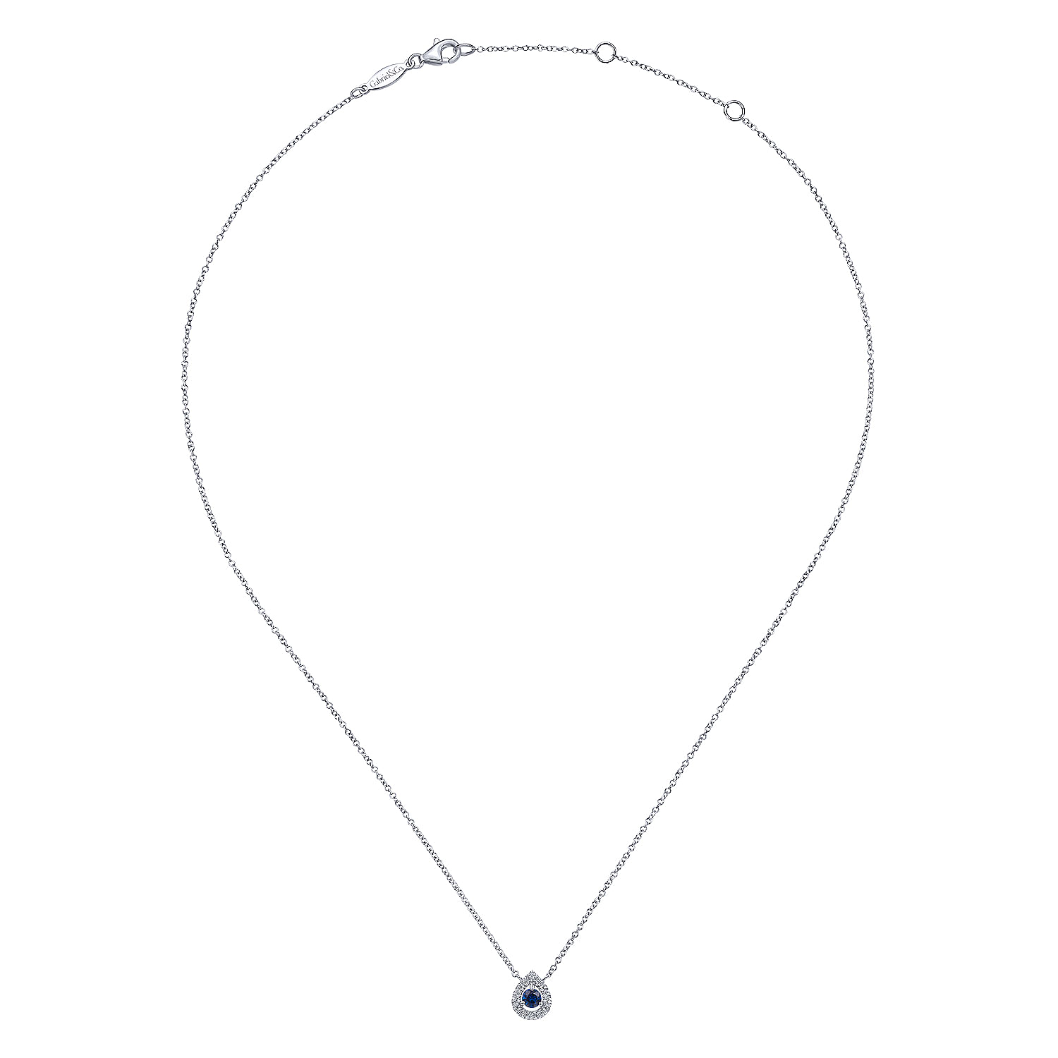 14K White Gold Teardrop Sapphire and Diamond Halo Pendant Necklace