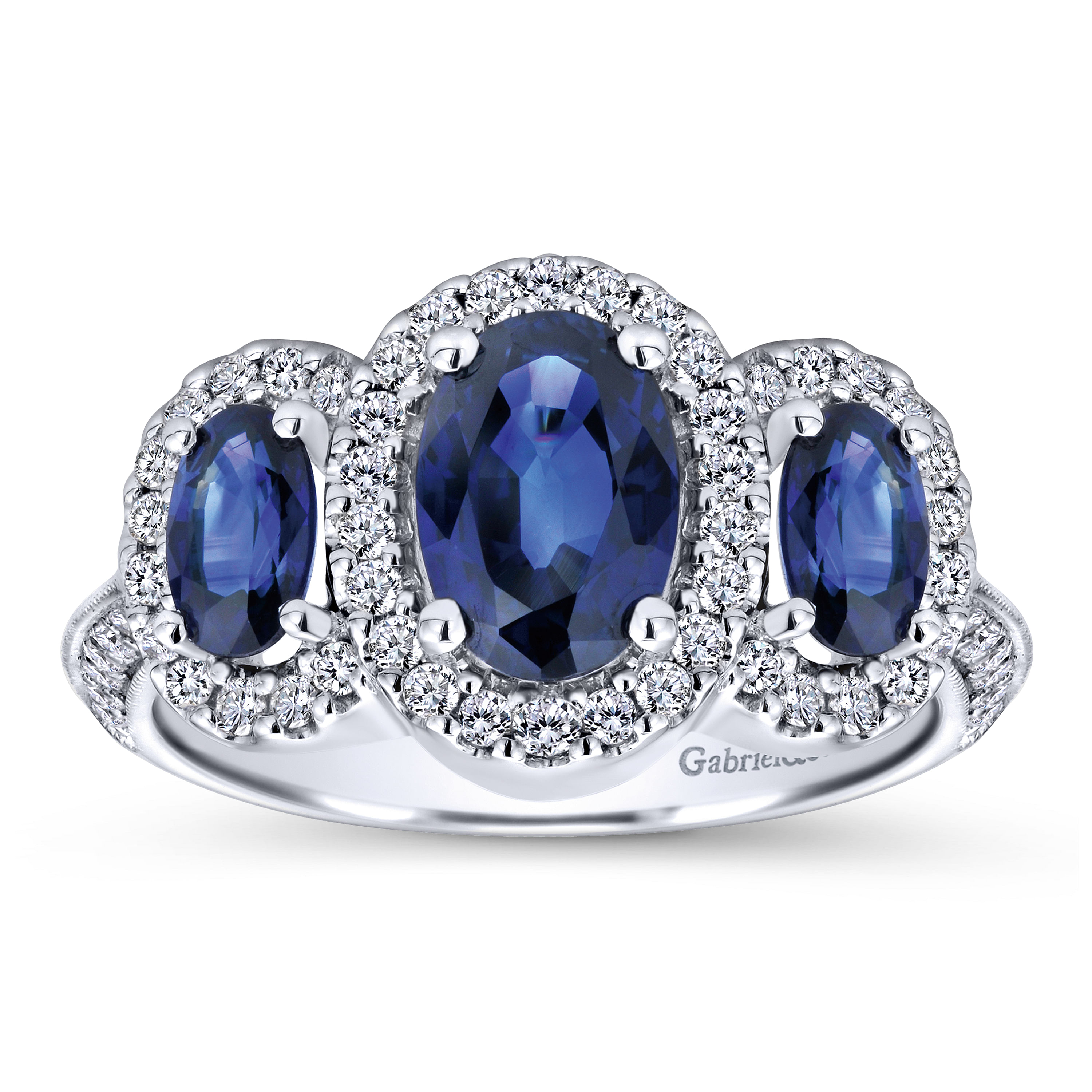 14K White Gold Three Row Halo Sapphire and Diamond Ring